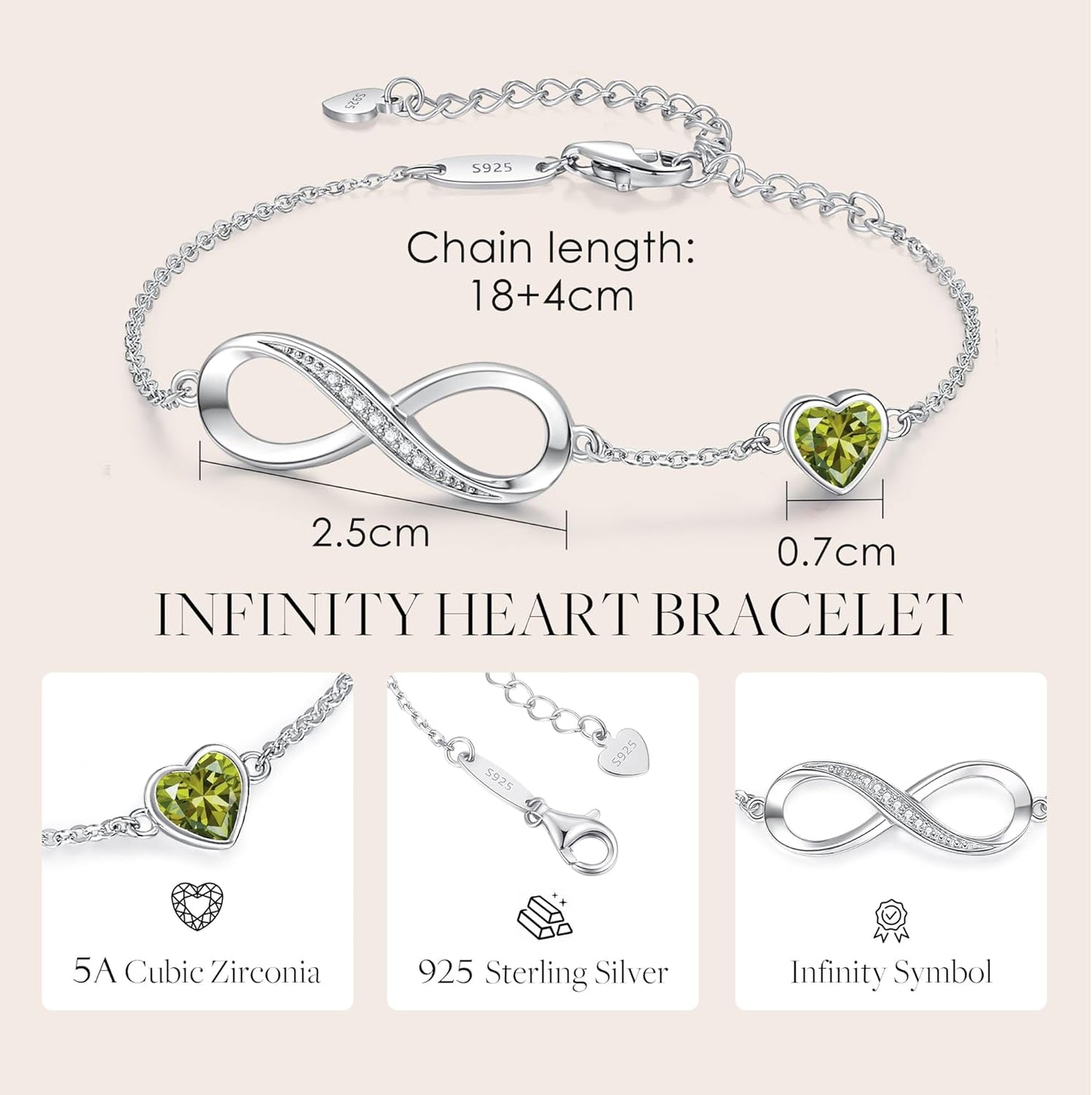 CDE Infinity Heart Birthstone Charm Link Bracelet for Women 925 Sterling Silver Adjustable Mother's Day Christmas Day Gift Anniversary Birthday Jewelry for Wife Girlfriend Her