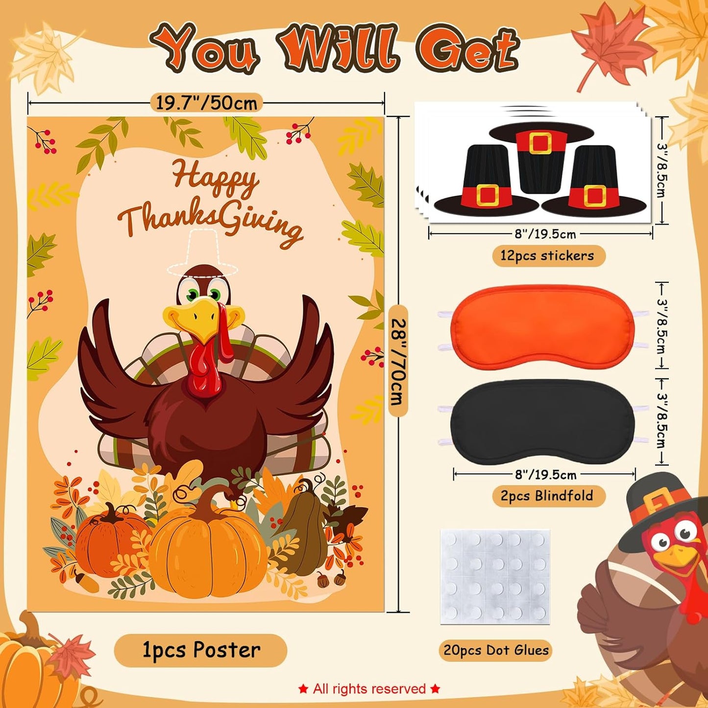 Upgraded, Fall Festival Games for Kids, Pin The Hat on The Turkey, Funny Thanksgiving Games, Classic Design, with Premium Poster, Reusable Stickers, Eye Mask, Ideal Friendsgiving Party Decorations