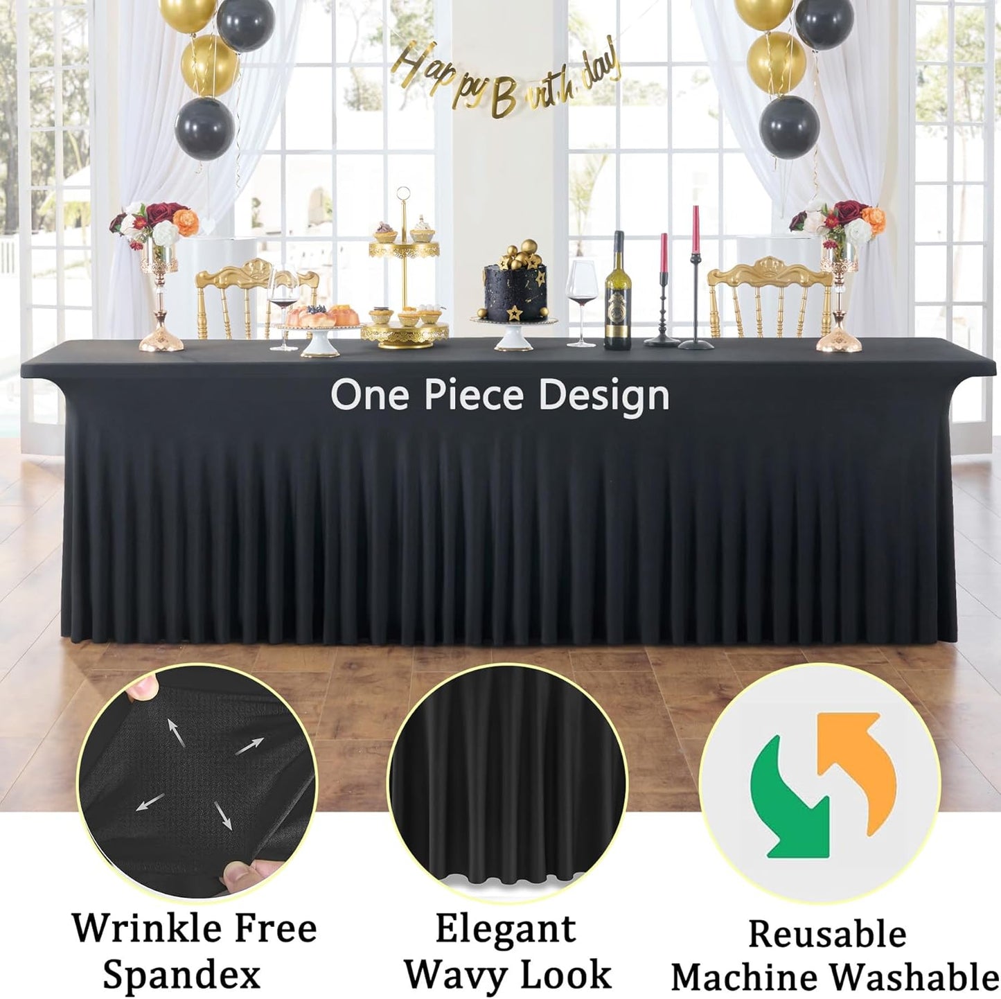 4 Pack Black Spandex Tablecloths for 8 Foot Rectangle Tables, Wrinkle Free Stretchy Table Cloth 8ft Fitted Tablecover Skirt for Parties Weddings Birthday Banquet Baby Shower