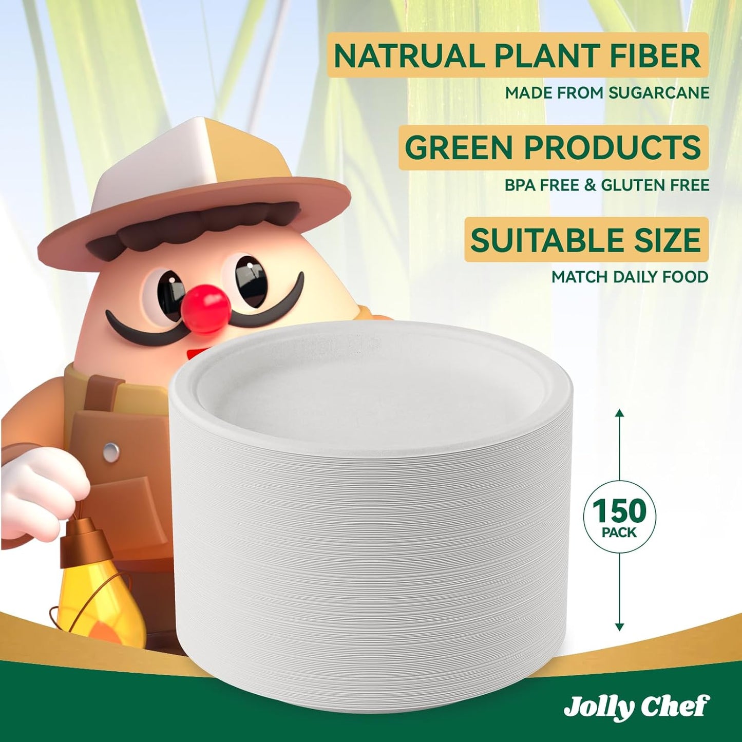 JOLLY CHEF Compostable Heavy Duty Plates 𝟭𝟬 𝗜𝗻𝗰𝗵 [𝟭𝟱𝟬 𝗣𝗮𝗰𝗸] Eco-Friendly Disposable White Paper Plates Bagasse Biodegradable Bulk for Party Dinner Thanksgiving Day (White)