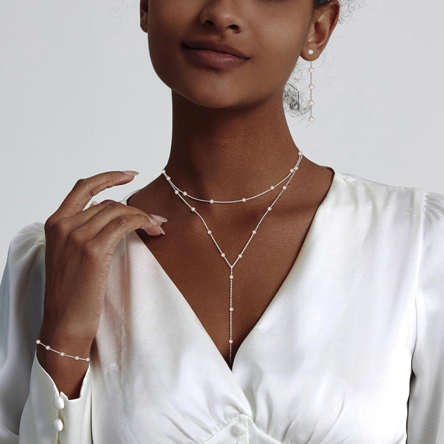 Lariat Gold Necklace for Women, Dainty Long Necklace 14k Gold Plated/Silver Y-Shaped Layered Beaded Chain Drop Necklaces for Women Trendy Simple Gold Jewelry for Women Gifts