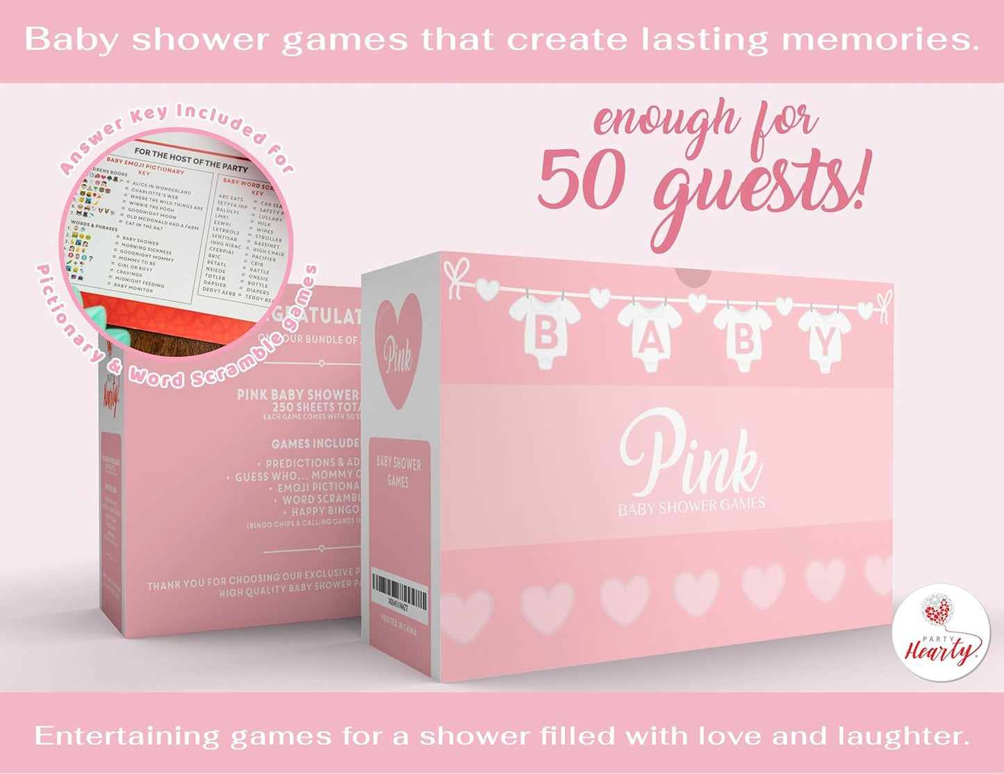 Party Hearty Baby Shower Games for Girl, 250 pcs Pink 5 Games Activities Cards, Funny Baby Shower Games, Baby Shower Ideas