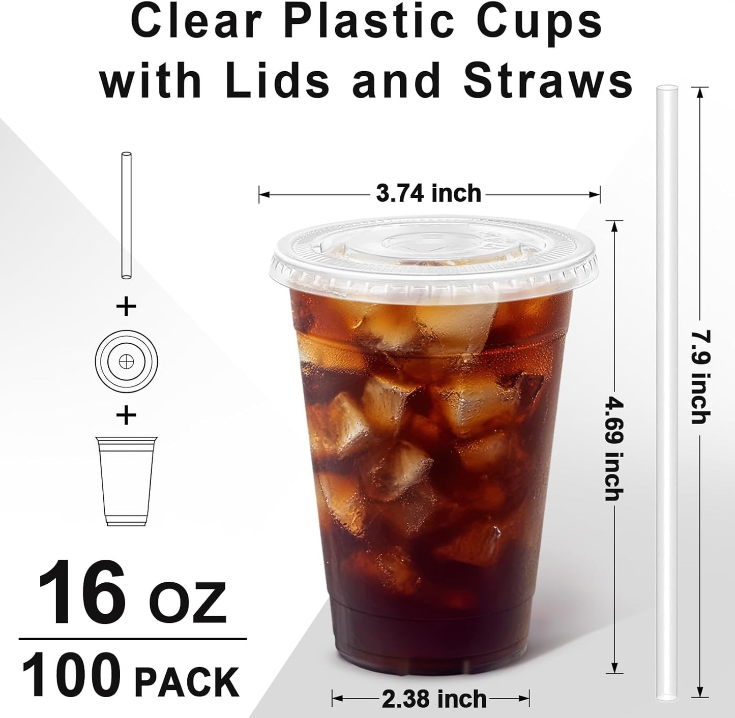 16 oz 100 Pack Plastic Cups with Lids and Straws, Sturdy Food Safe Iced Clear Coffee Cups Disposable Smoothie Cups for Cold Drinks