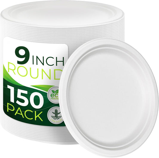 150pcs 100% Compostable 9in Paper Plates, Heavy Duty Disposable Eco Friendly Dinner Plates, Biodegradable Made of Sugarcane Fiber