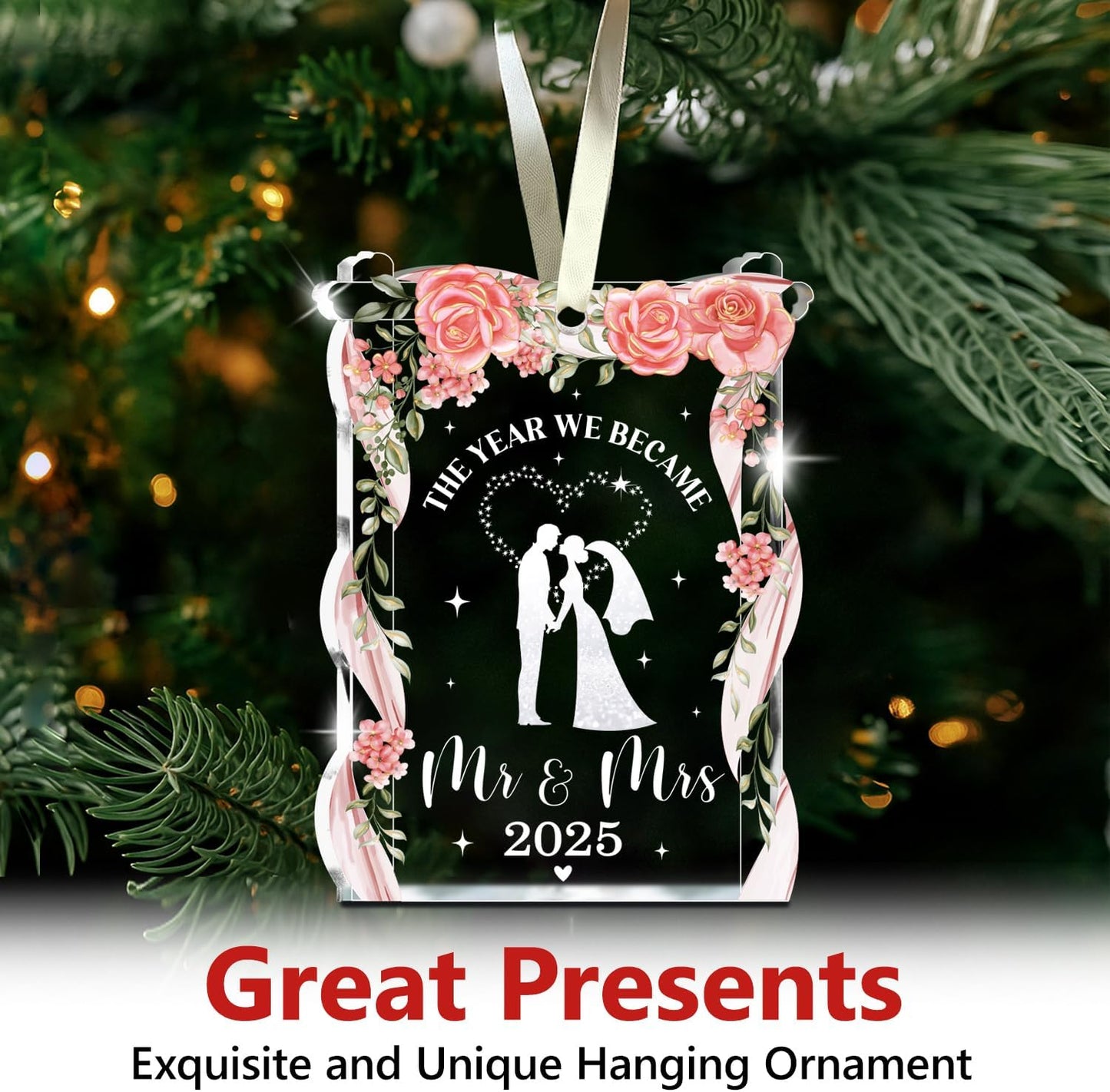 NewEleven Wedding Gifts - Mr and Mrs, Bridal Shower Decorations - Wedding Gifts for Couples 2025, Bride Gift for Friends - Just Married Glass 2025 Ornament