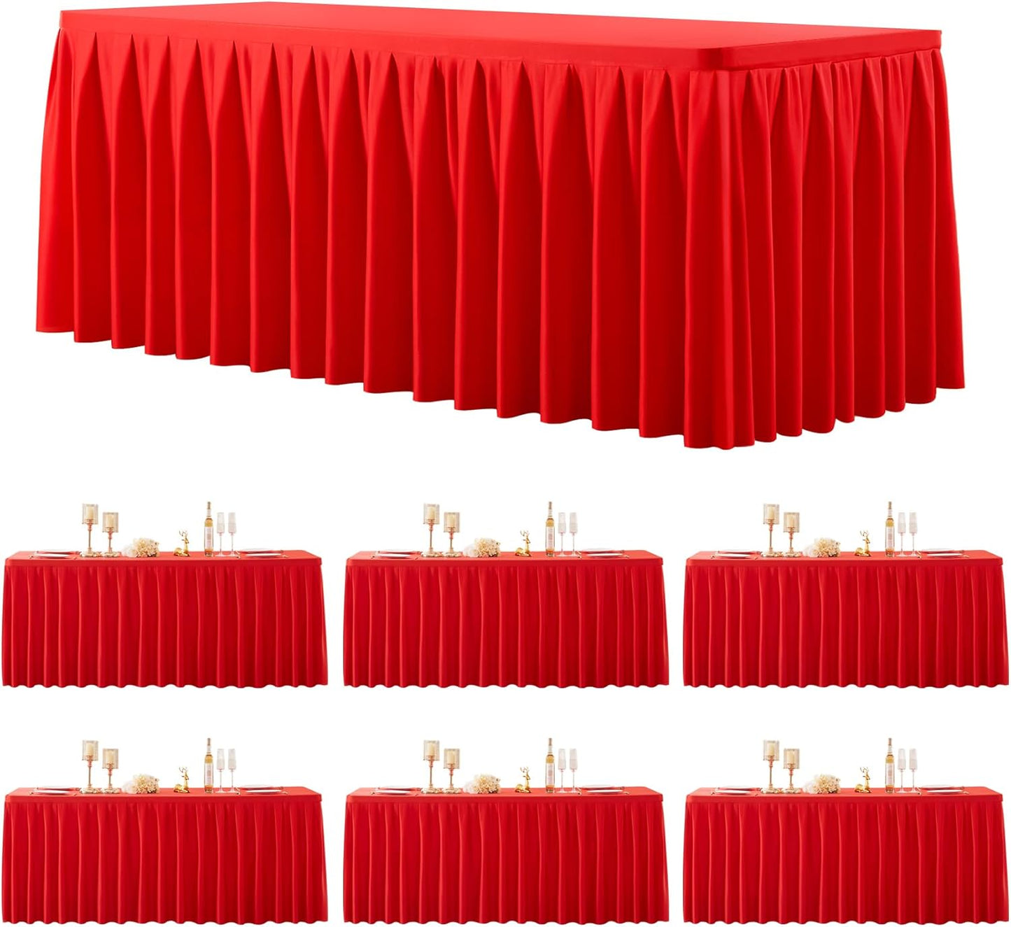 6 Pack Red Rectangle Tablecloth 8 FT Stretch Spandex Fitted Table Cloth for 8 Foot Rectangle Tables Banquet Tablecloths Wrinkle Free Table Cover Skirt Ruffle Tablecloth for Party Wedding Birthday