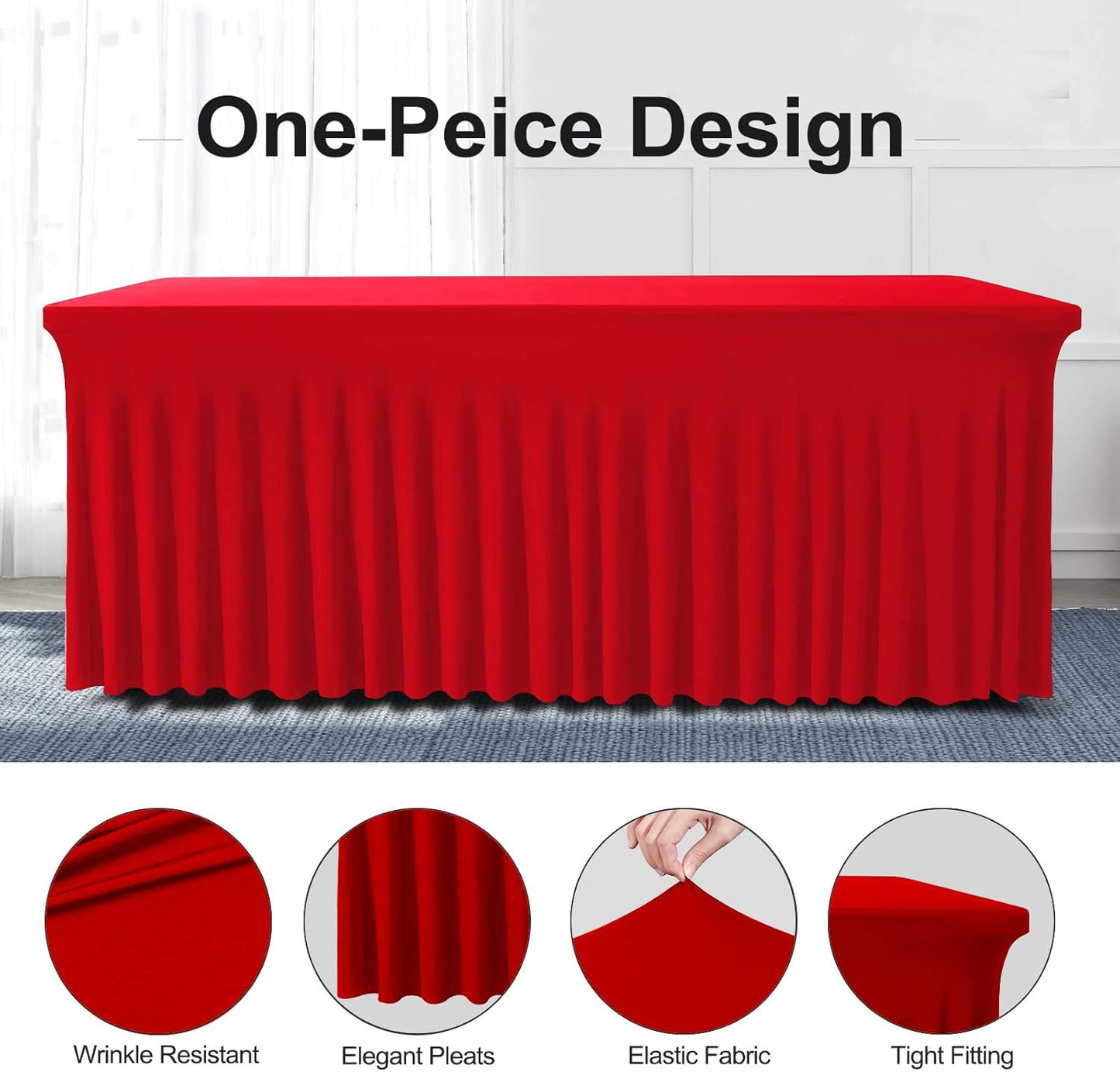 Table Skirts for Rectangle Tables 8ft - 2 Pack One-Piece Red Tablecloths and Skirt, Wrinkle Resistant Ruffles Elastic Cover for Banquets, Weddings, Events, Parties