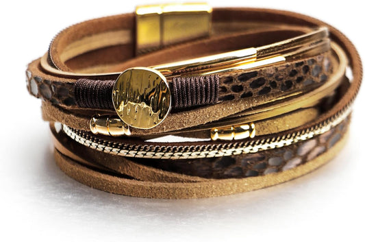 Fesciory Leopard Bracelet for Women, Boho Leather Wrap Multi-Layer Pearl Crystal Bracelet Bangle Jewelry