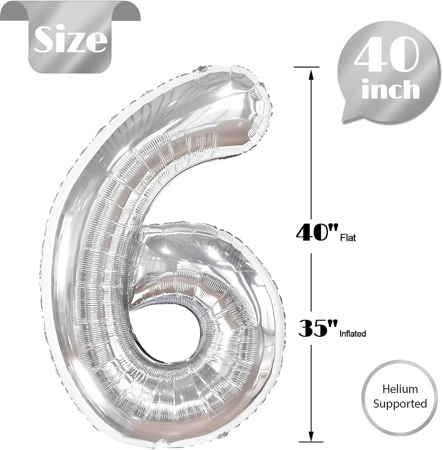 Silver Number 6 Balloon 40 Inch, 6th Birthday Party Decorations for Children, Giant 6 Foil Balloon for Party Supplies