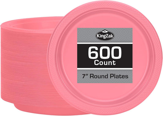 Hanna K. Signature Pink Plastic Plates - 7 Inch, 600 Count - Solid Round Party Plates for Weddings, BBQs & Birthdays