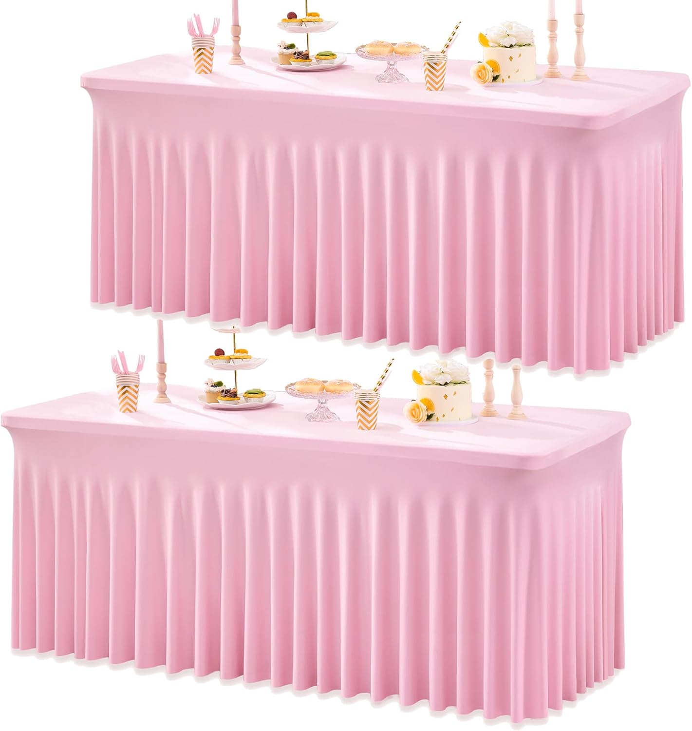 2Pack Baby Pink Spandex Table Clothes for 6 Foot Rectangle Tables, Wrinkle Free Fitted Tablecloths 6ft Stretchy Light Pink Tablecovers Desk Skirt for Parties Weddings Birthday Banquet Baby Shower