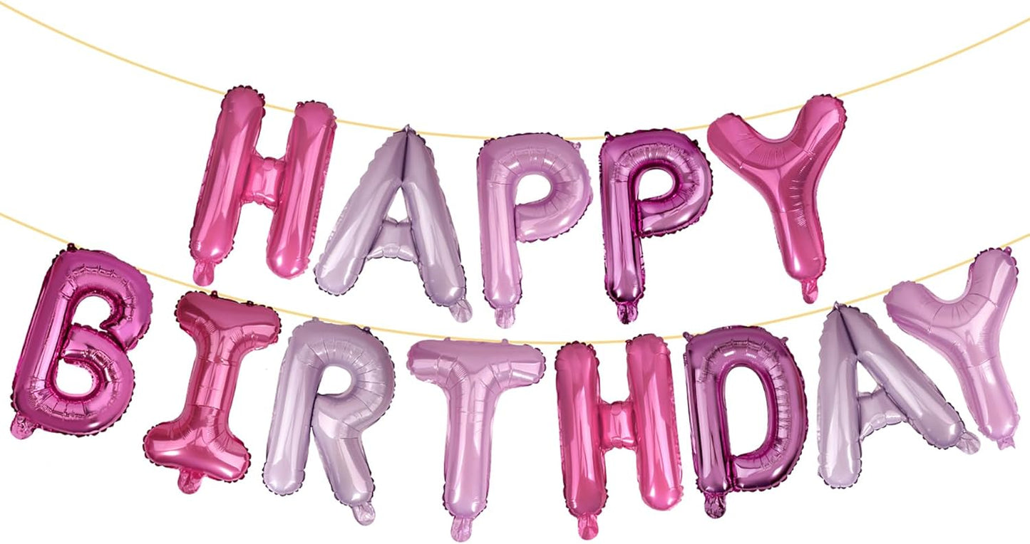 LIOZEOKUN Happy Birthday Balloon Letters 16 inch Mylar Foil Birthday Balloons Banner Sign for Birthday Party Decorations Supplies (Purple pink)