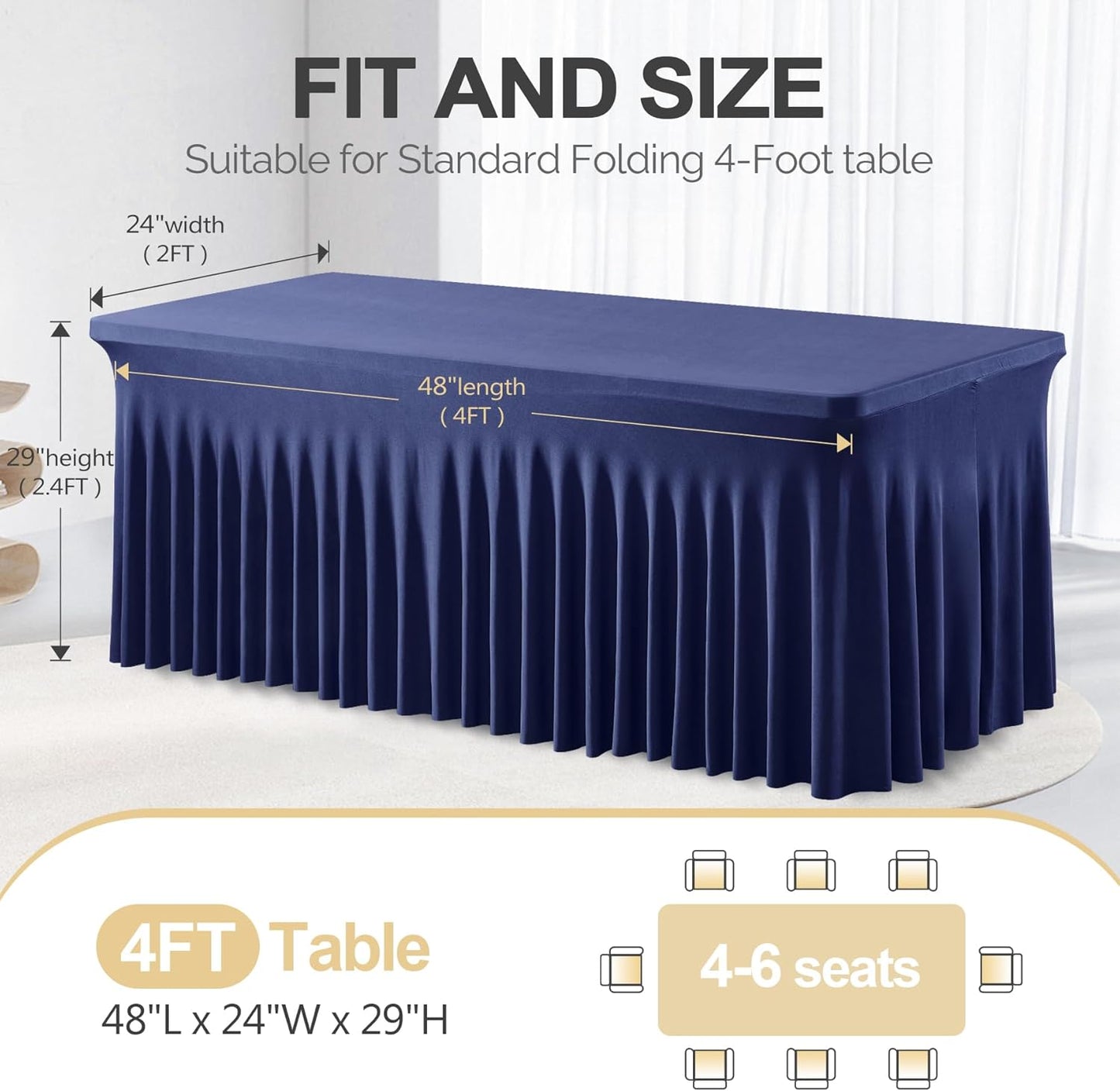 PARTISKY Navy Blue Spandex Tablecloth for 4ft Rectangle Tables, Stretchable Table Cover Skirt for Folding Tables Weddings Parties Banquets Events Trade Shows and Dessert Table