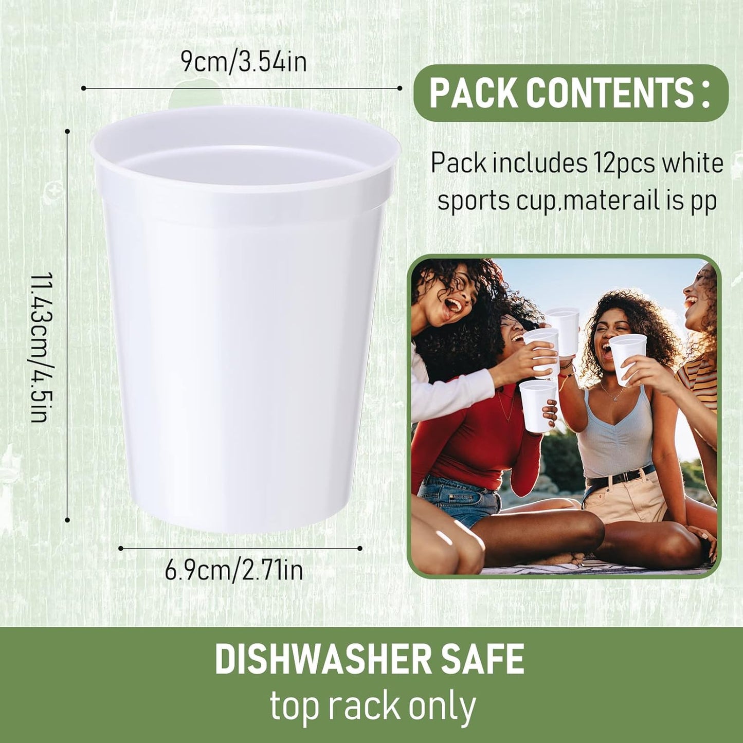 Yungyan 12 Pack 16oz Stadium Cups Reusable Plastic Cups Blank Drink Tumblers for Parties, Events, DIY Projects, 4.5 x 3.54 x 2.72 Inch (White)