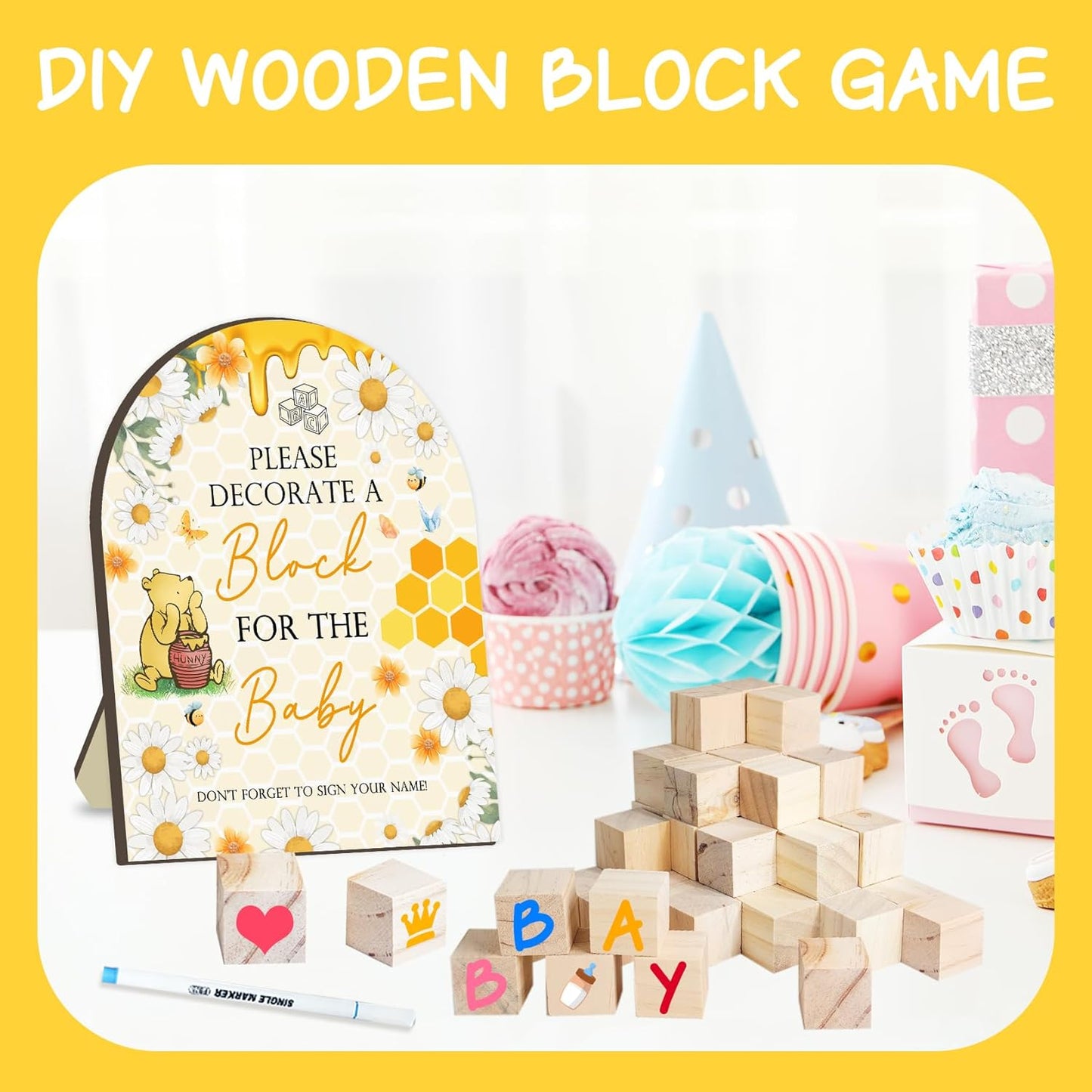 Winnie Baby Shower Games Kit,The Pooh Baby Shower Decor, Winnie Babies Games with 50 Blank Wooden Blocks, 24 Acrylic Paint Marker and Wooden Sign, The Pooh Babies Game Sign for Boys Girls
