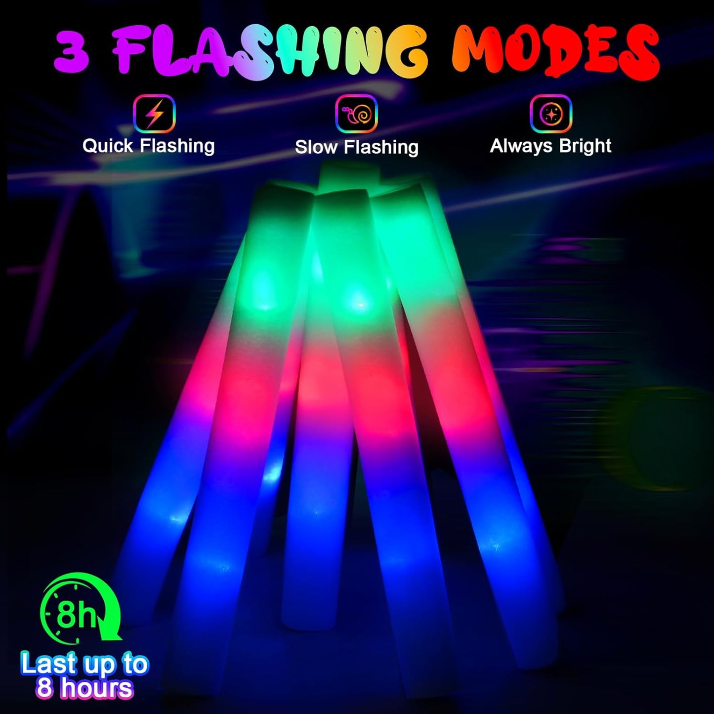 205 PCS Foam Glow Sticks, Glow Sticks Bulk Party Pack, Glow In Tthe Dark Party Supplies, Glow Foam Sticks Bulk with 3 Modes Colorful Flashing, Foam Light up Sticks for Wedding, Raves, Birthday