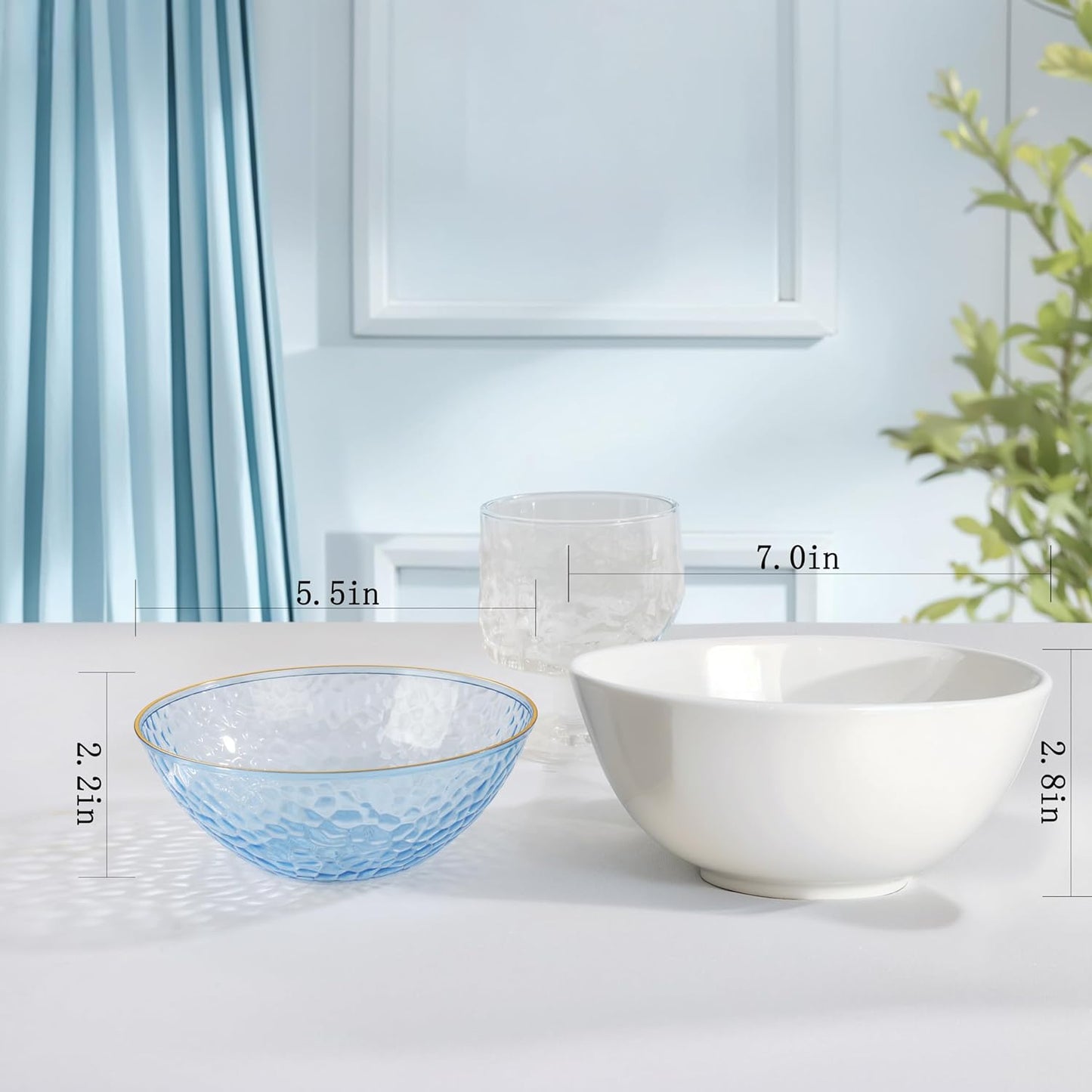 I00000 20 Pack 12 Ounce Blue Plastic Bowls Hammered Gold Rimmed Crystal Like, Heavy duty Disposable Bowl Set,Elegant Soup/Salad/Dessert/Ice Cream Bowls For Thanksgiving Party, Weddings, Catering