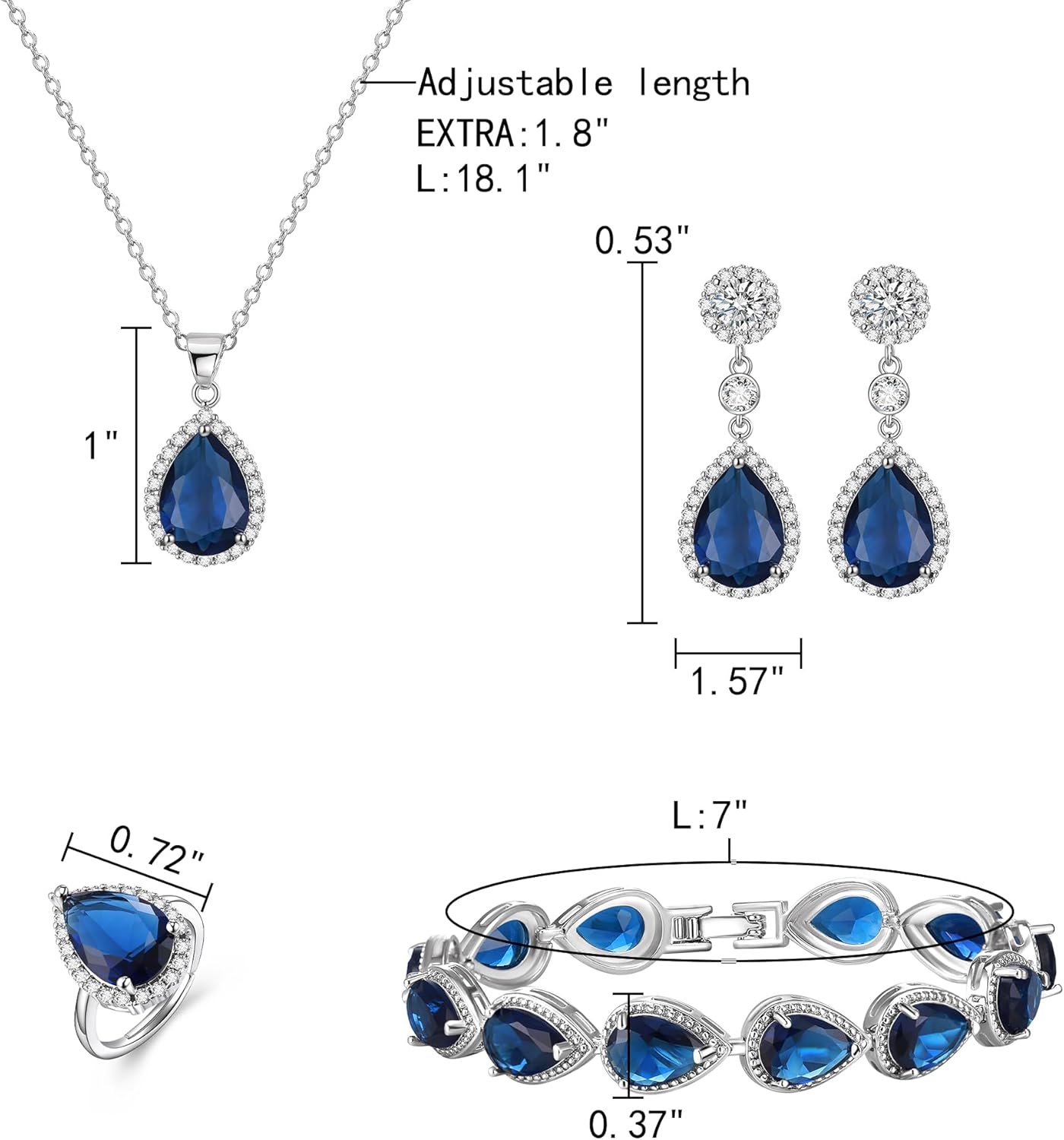 EleQueen Water Drop Pendant Necklace Long Dangle Earrings Tennis Bracelet Set, Sparkle Cubic Zirconia Teardrop Wedding Jewelry Sets for Bride Bridesmaid