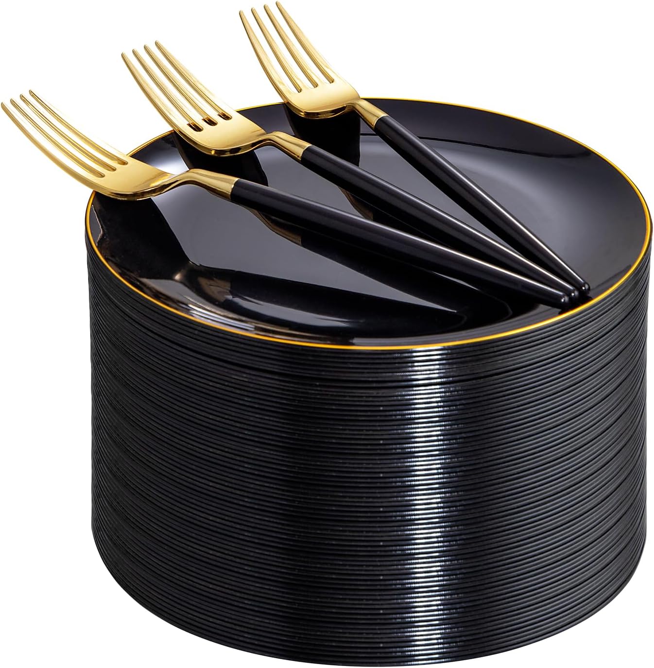 I00000 144Pcs Black and Gold Dessert Plate Set, Including 72Pcs Black and Gold Plastic Plates 7.5" and 72Pcs Disposable forks 8.5", Fancy Salad Plates with Gold Rim for Thanksgiving and Party