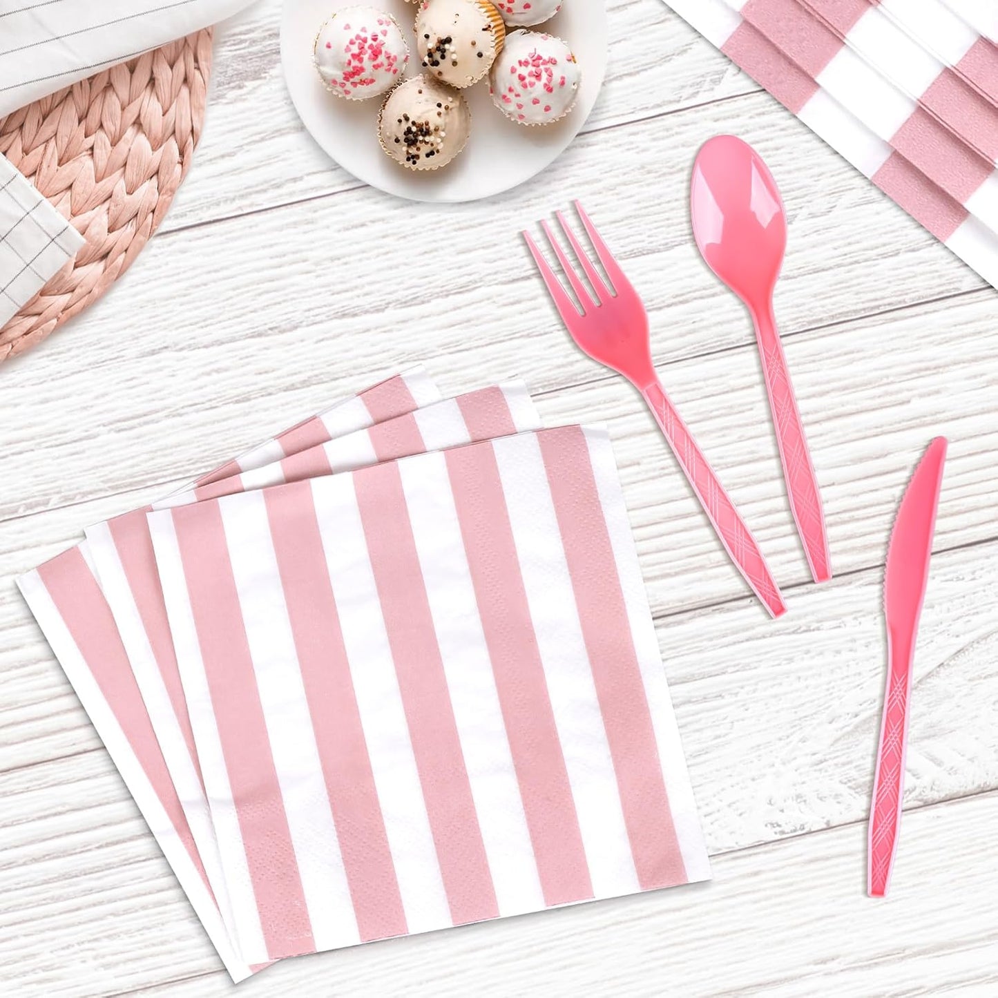 168Pcs Pink and White Party Supplies Disposable Paper Plates Napkins Cups Knives Spoons Forks For Wedding Baby Bridal Shower Serve 24