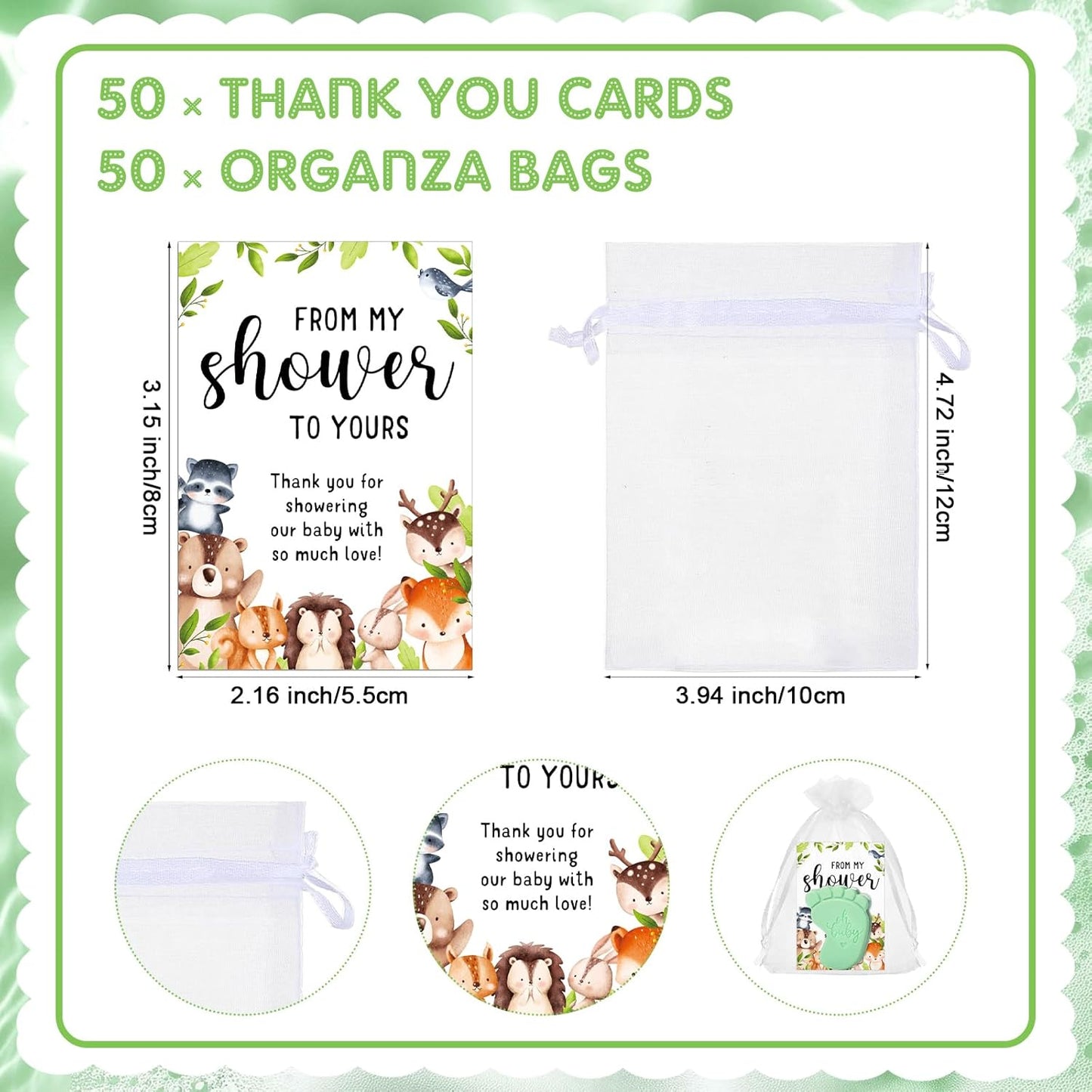 50 Sets Baby Shower Soap Favors for Guests - Mini Handmade Footprint Scented Soap with Thank You Cards and Organza Bag, Party Gifts for Gender Reveal Baptism Shower(Light Green)