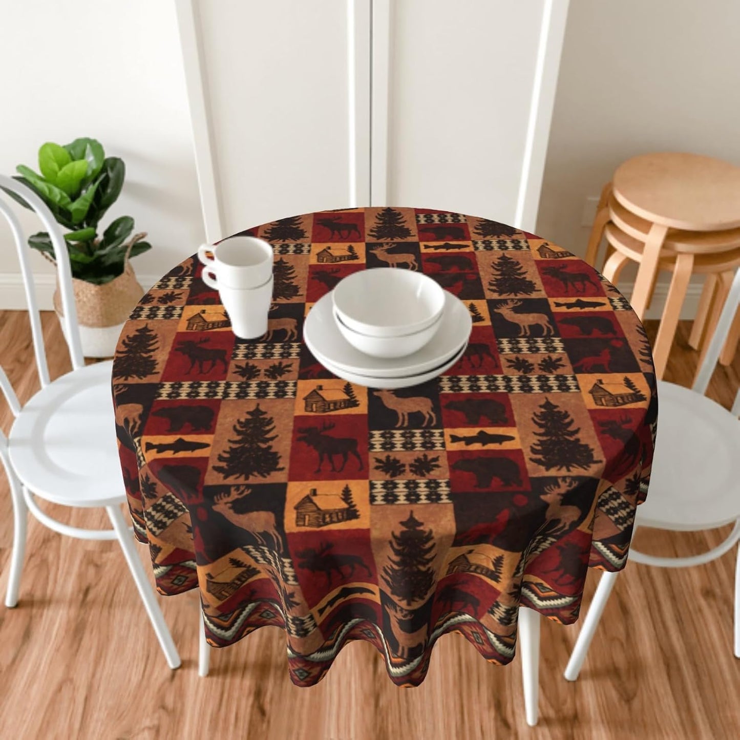 Giwawa Bear Deer Tablecloth Round 60" Rustic Vintage Wildlife Elk Moose Cabin Lodge Forest Animal Tree Farmhouse Country Style Circular Table Cloth Cover for Dining Kitchen Party Picnic Decor