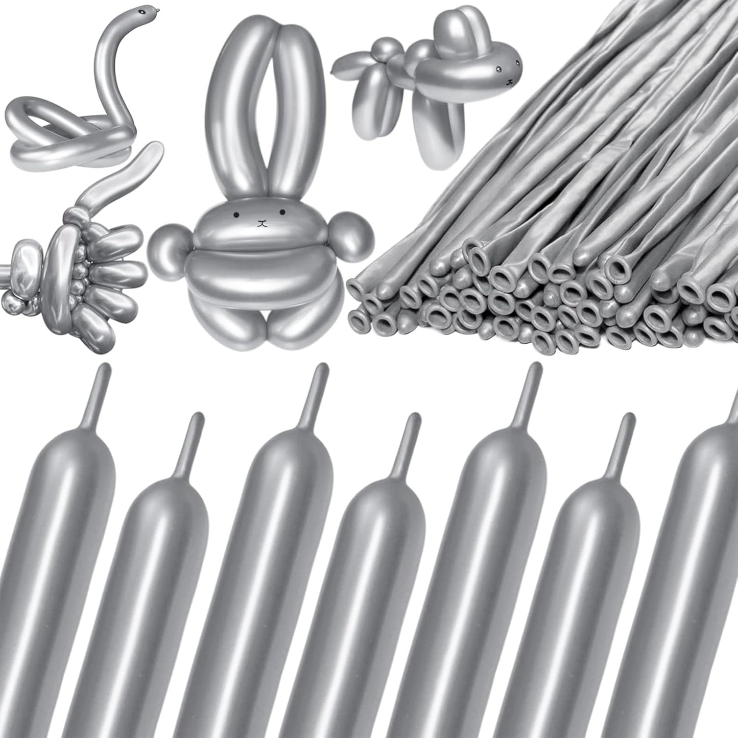 KAWKALSH 260 Metallic Silver Long Balloons for Balloon Garland Thickening Skinny Latex Twisting Animals Modeling Christmas Birthday Wedding Party Festival Decorations 100pcs