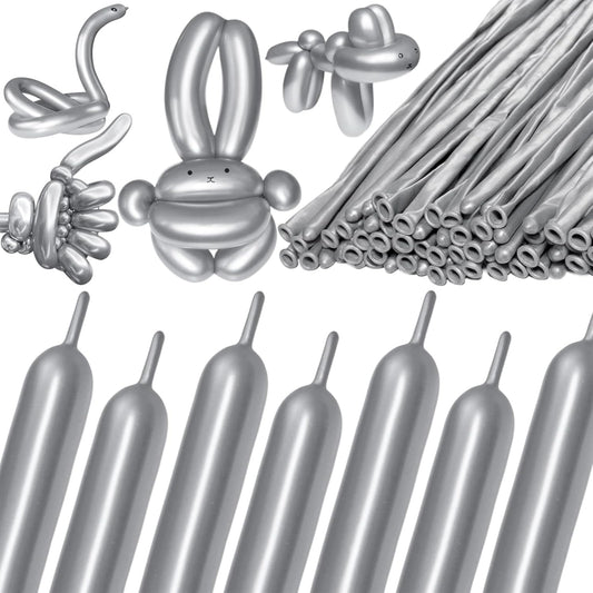 KAWKALSH 260 Metallic Silver Long Balloons for Balloon Garland Thickening Skinny Latex Twisting Animals Modeling Christmas Birthday Wedding Party Festival Decorations 100pcs