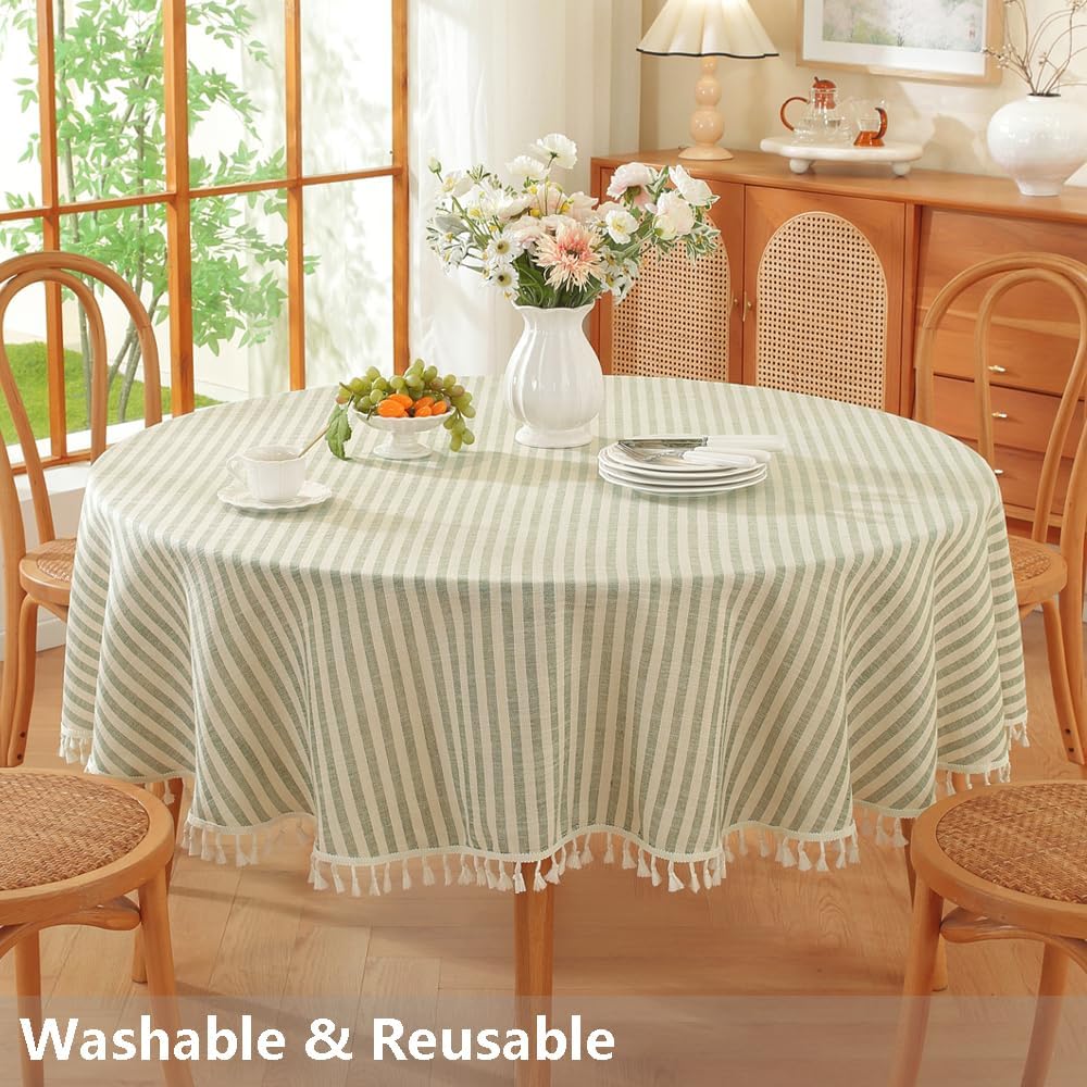 TruDelve Round Table Cloths 60 Inch Fits for Round Tables from 35" to 45" in Diameter, Green Striped Cloth Tablecloths (Green,60",Round)