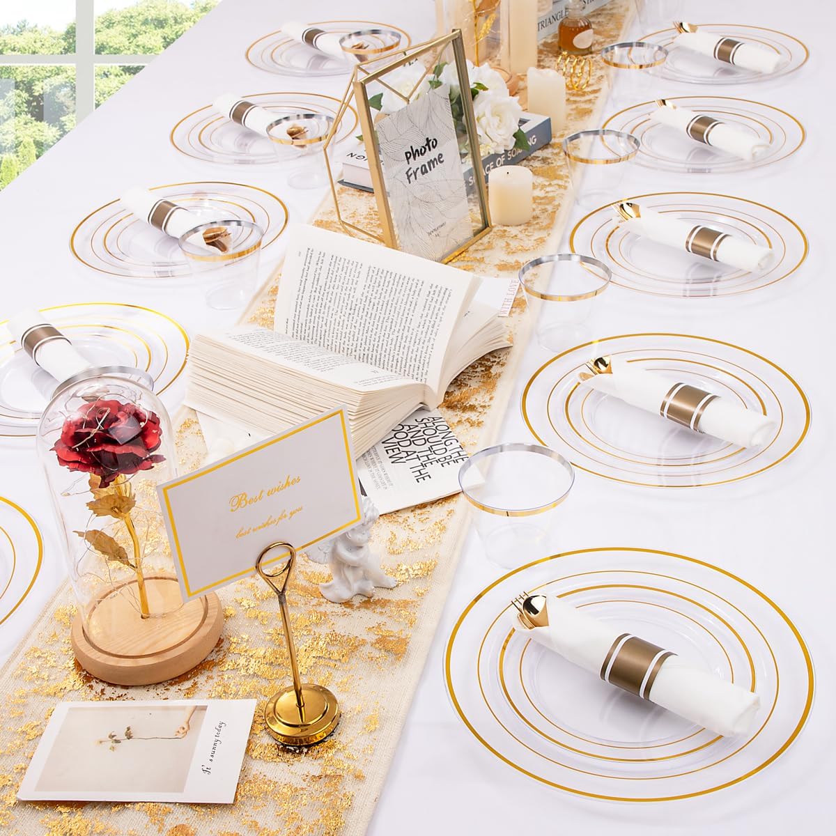 DaYammi 350PCS Clear Gold Plastic Dinnerware Set for 50 Guests, Thanksgiving Plates Disposable, Include: 50 Dinner Plates, 50 Dessert Plates, 50 Pre Rolled Napkins with Gold Silverware, 50 Cups