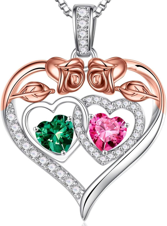 Iefil Double Birthstone Necklace Gifts for Wife Girlfriend Her Women, Birthstone Jewelry Gemstone Valentines Birthday Gifts for Her Women Wife Mom Grandma