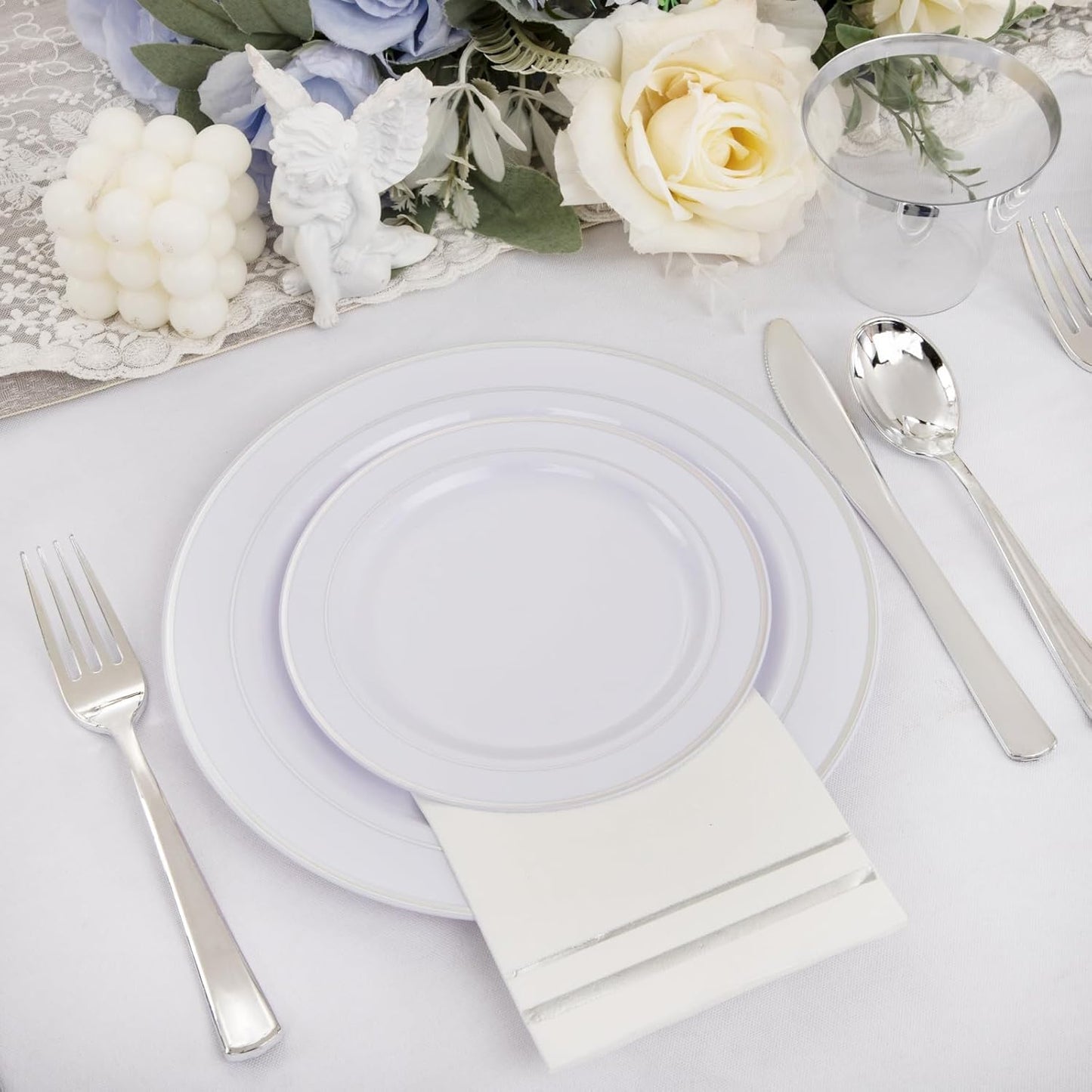 GATHER 350PCS Silver Plastic Plates - White and Silver Disposable Plates for 50 Guests Includes 50 Dinner Plates 50 Dessert Plate 50 Napkins 150 Silvery Cutlery and 50 Cups for Wedding & Party