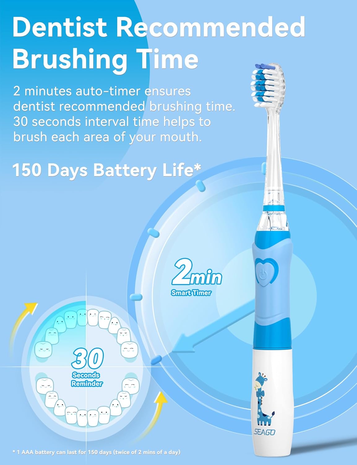 SEAGO Kids Electric Toothbrush with 2 Mins Brushing Timer and 4 Replacement Bursh Heads, Rainbow LED Light Make Brushing Fun, Boys Battery Powerd Toothbrush for 4-12 Years Old，SG-977 (Light Blue)