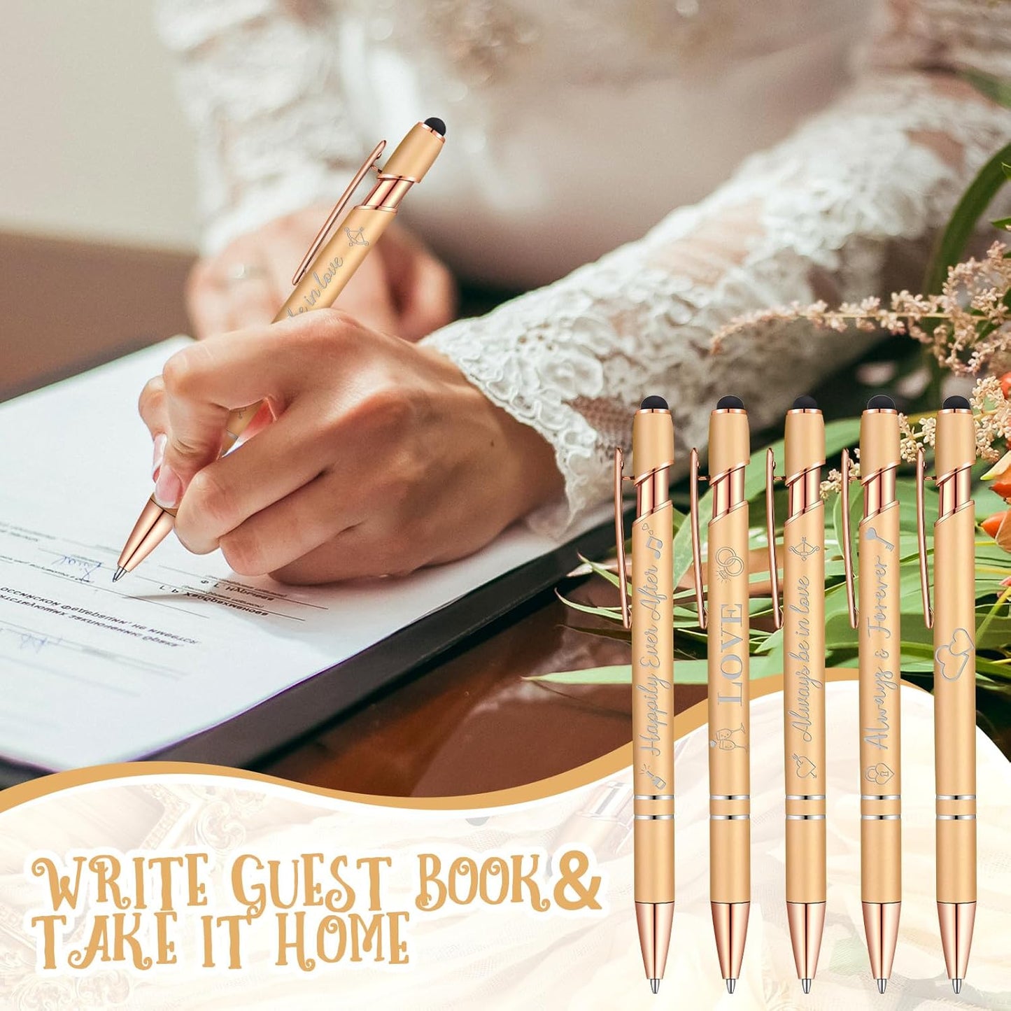 Kisston 36 Pcs Wedding Pens Bulk Bridal Shower Pens Favors Bachelorette 6 Styles Retractable Ballpoint Wedding Favors Supplies for Guest Game Office(Champagne)