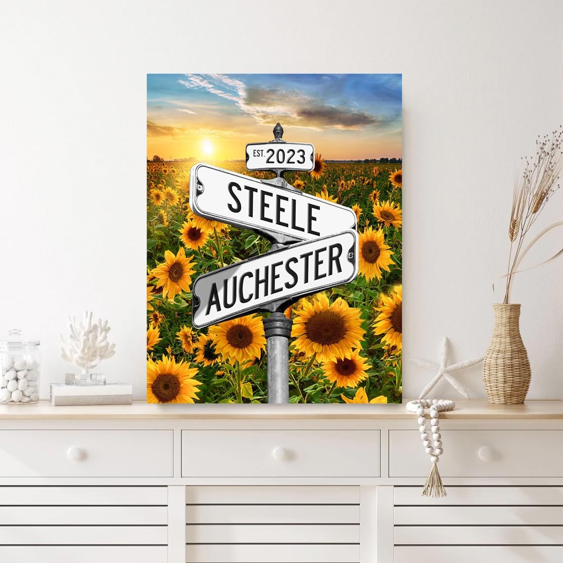 Personalized Name Vintage Street Sign Canvas Poster Love Gifts, Crossroads Wedding Date Names Street Signs Sunflower Poster Canvas Love Gift For Anniversary,Wedding,Birthday And Holidays