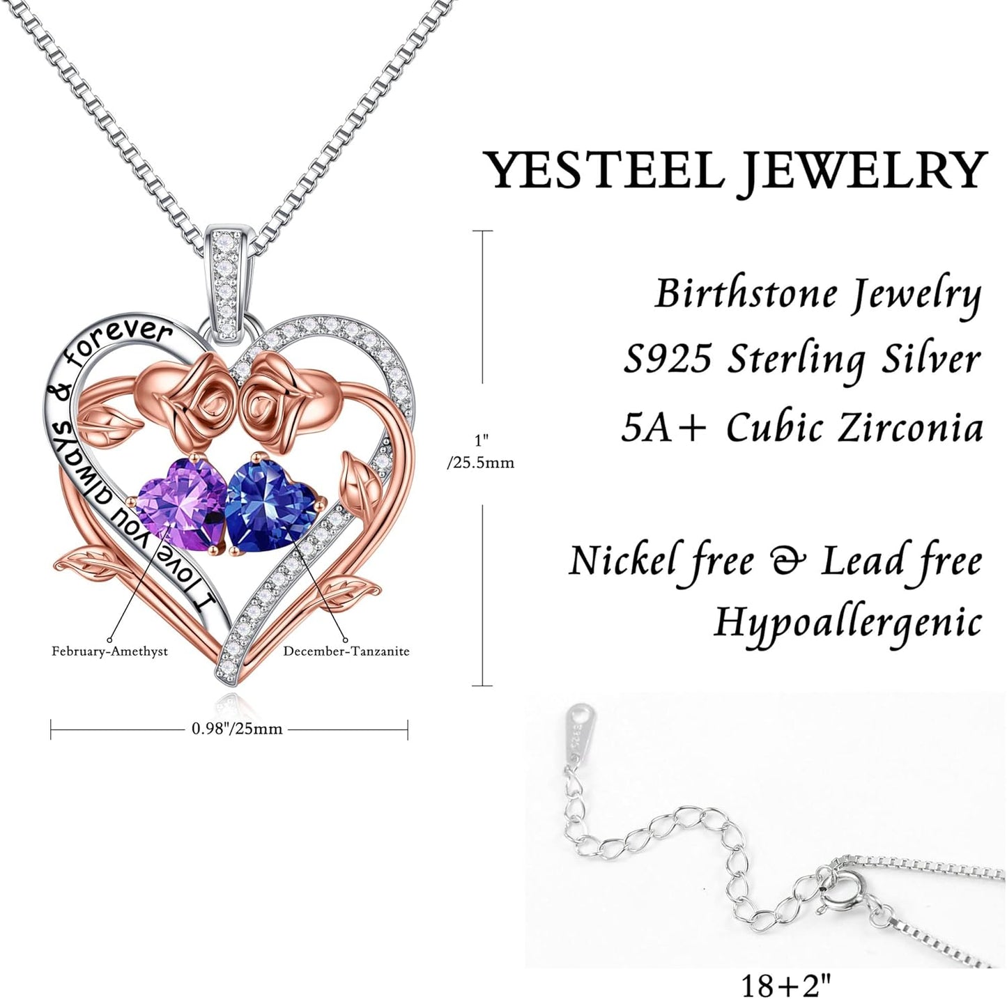 Iefil Rose Heart Double Birthstone Necklace Gifts for Wife Her Mom Women, Birthstone Jewelry Gemstone Birthday Gifts for Girlfriend Grandma Her Wife Women