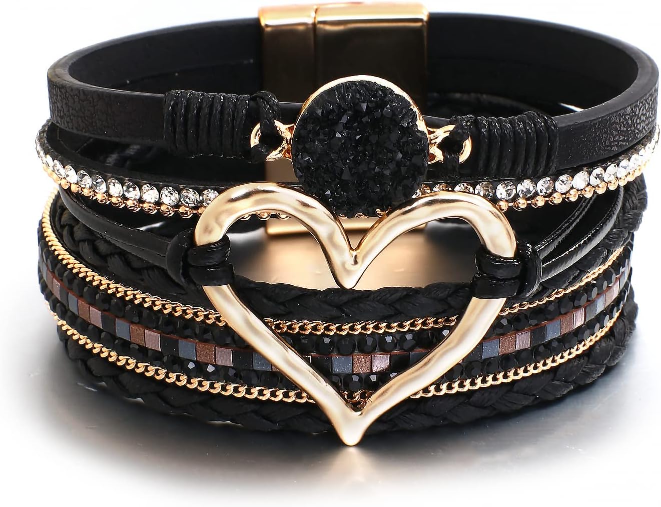 Leather Wrap Bracelet for Women Beaded Cuff Bracelet with Heart-shape Decor Bohemian Crystal Bracelet Jewelry with Clasp Bangle Bracelet for Women Girls Birthday Holiday Gift