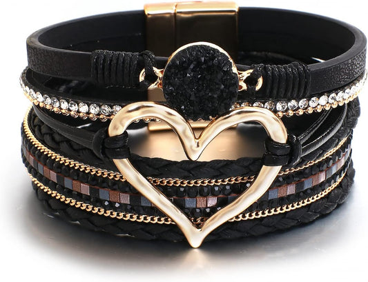 Leather Wrap Bracelet for Women Beaded Cuff Bracelet with Heart-shape Decor Bohemian Crystal Bracelet Jewelry with Clasp Bangle Bracelet for Women Girls Birthday Holiday Gift