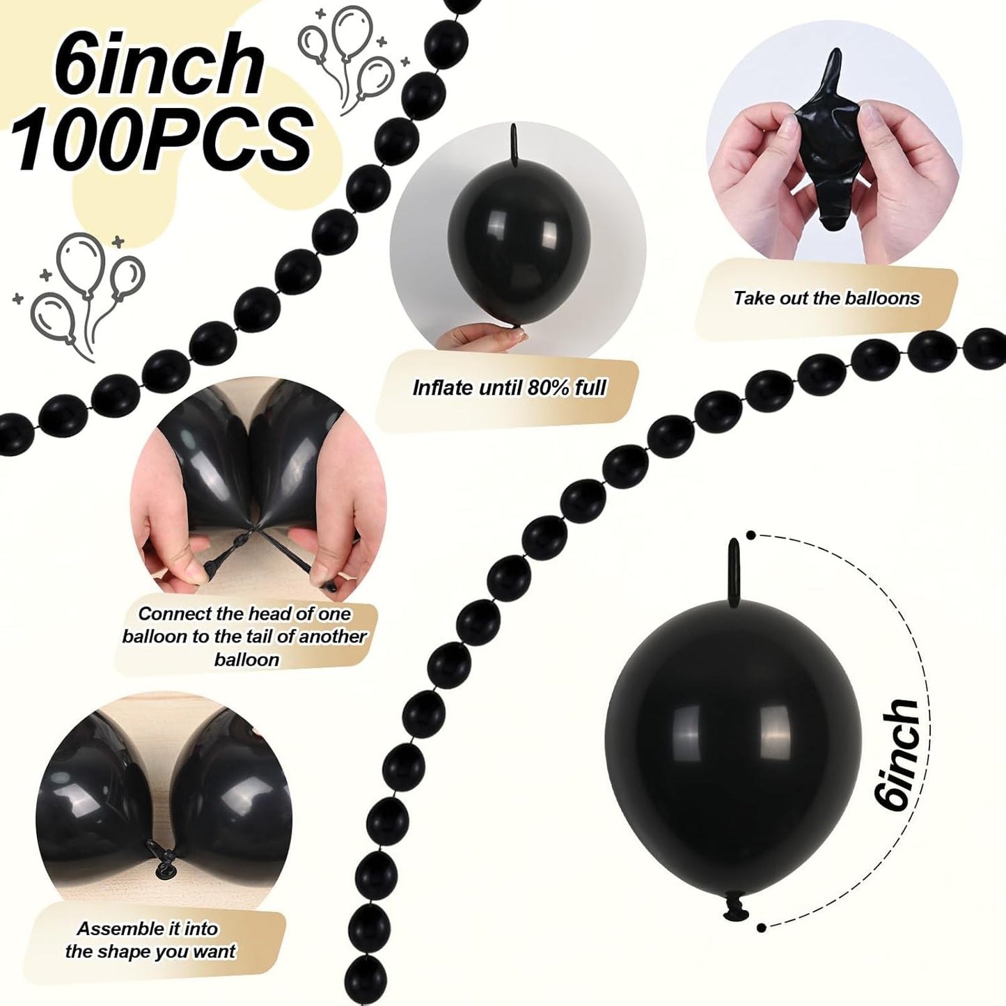 Black Linking Balloons, 100PCS 6 Inch Quick Link Balloons for Making Balloon Wall Heart Arch Chains, Tails Balloon for Wedding Birthday Baby Shower Engagement Graduation Halloween Party Decorations