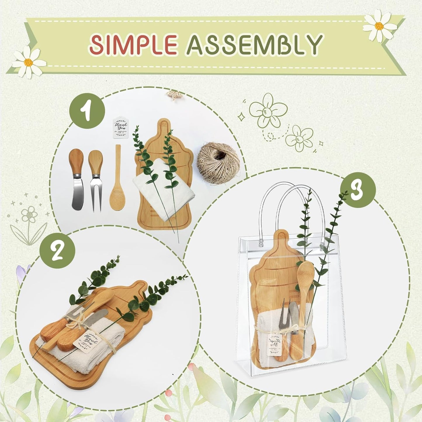 AZEAM 55Pcs Baby Shower Prizes for Game Winners, Bridal Shower Prizes with 6 Sets Bottle Cheese Board Spoon Fork Butter Knife Towel Card Plastic Bag Branch, Wedding Shower Favors for Guests