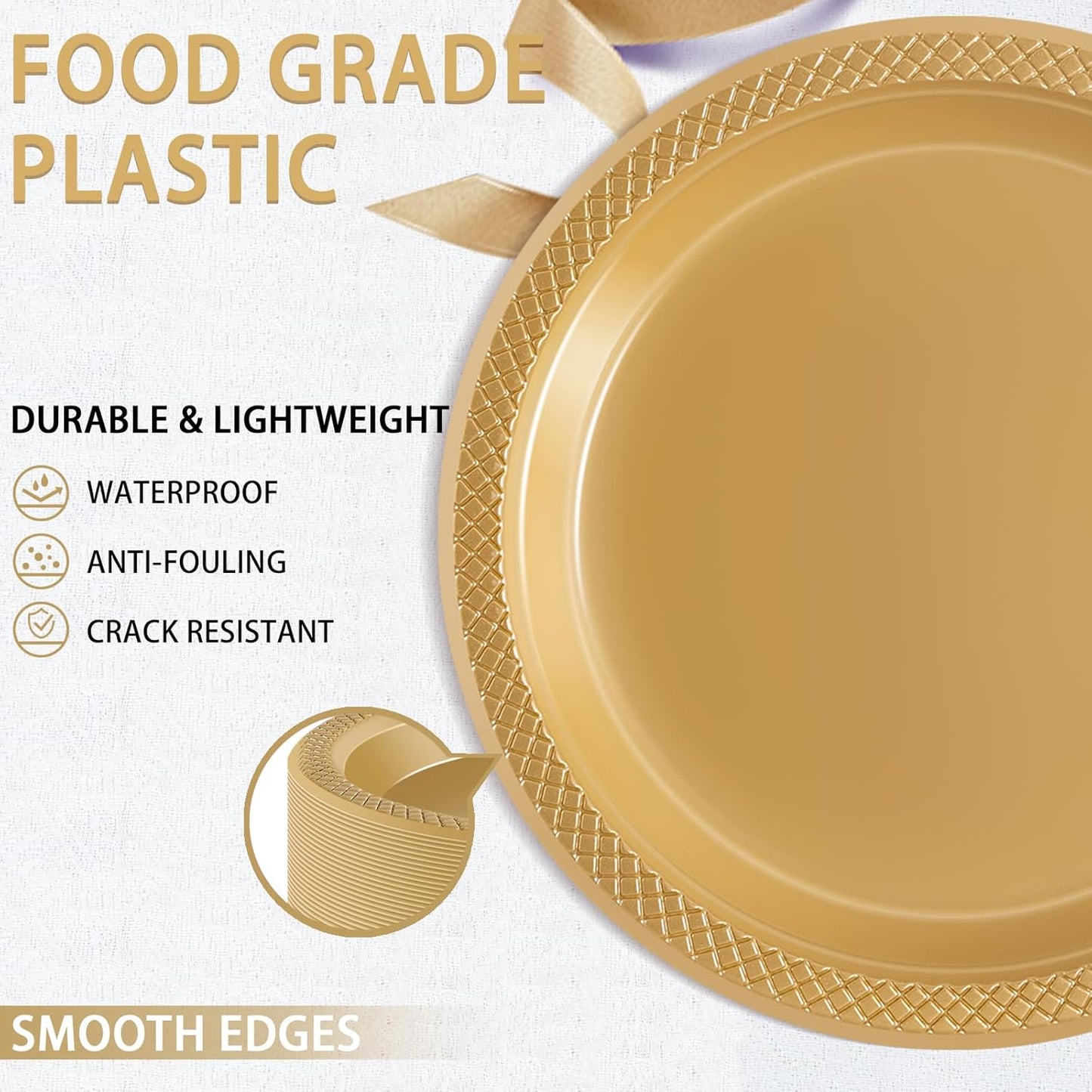 WELLIFE Gold Party Plates 9 Inch -150 Count, Disposable Plastic Dinner Plates for Party Dessert Cake Wedding Engagement Birthday