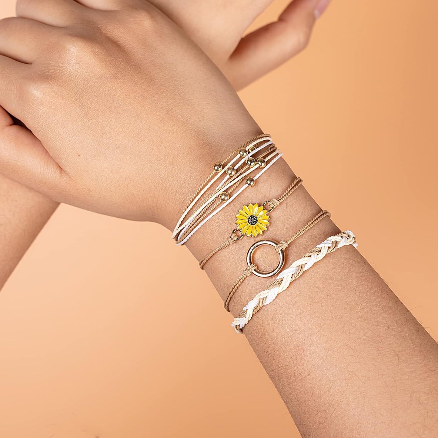 FANCY SHINY Sunflower String Bracelet Boho Braided Rope Wrap Bracelets Cute Summer Beach Surfer Jewelry for Women Christmas Gifts