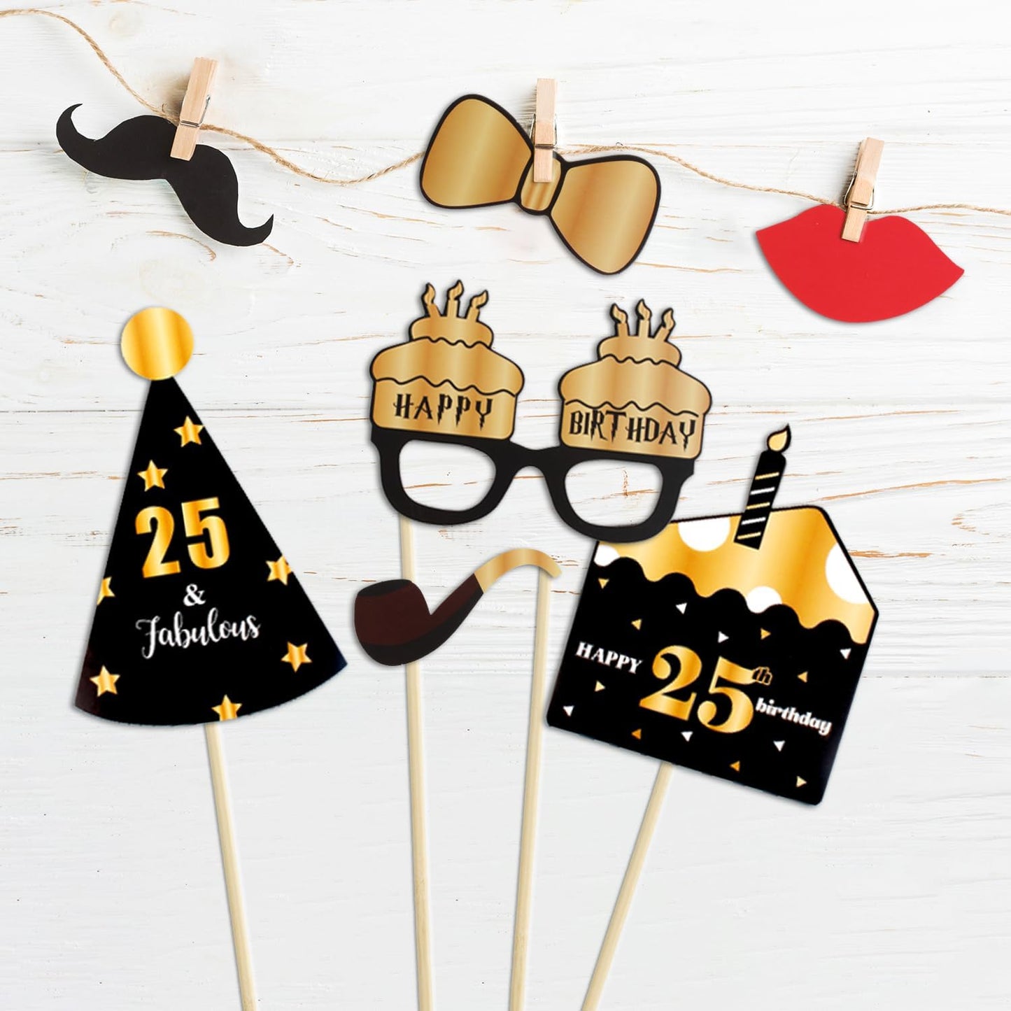 LINGTEER Happy 25th Birthday Party Photo Booth Props,Cheers to 25th Birthday 25th Years Old Bday Party Centerpieces Props Decorations Sign.