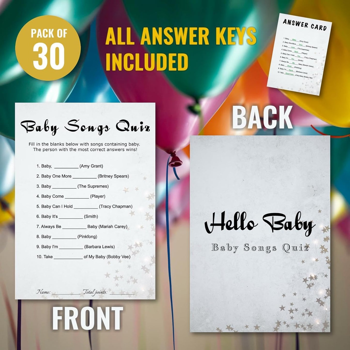 Baby Shower Songs Quiz Trivia Game Cards - 30 Player Minimalist - Party Game Kit - Light Gray, Stars, Ready to Play, Answer Keys Included, 5x7 Inch (Songs Quiz)