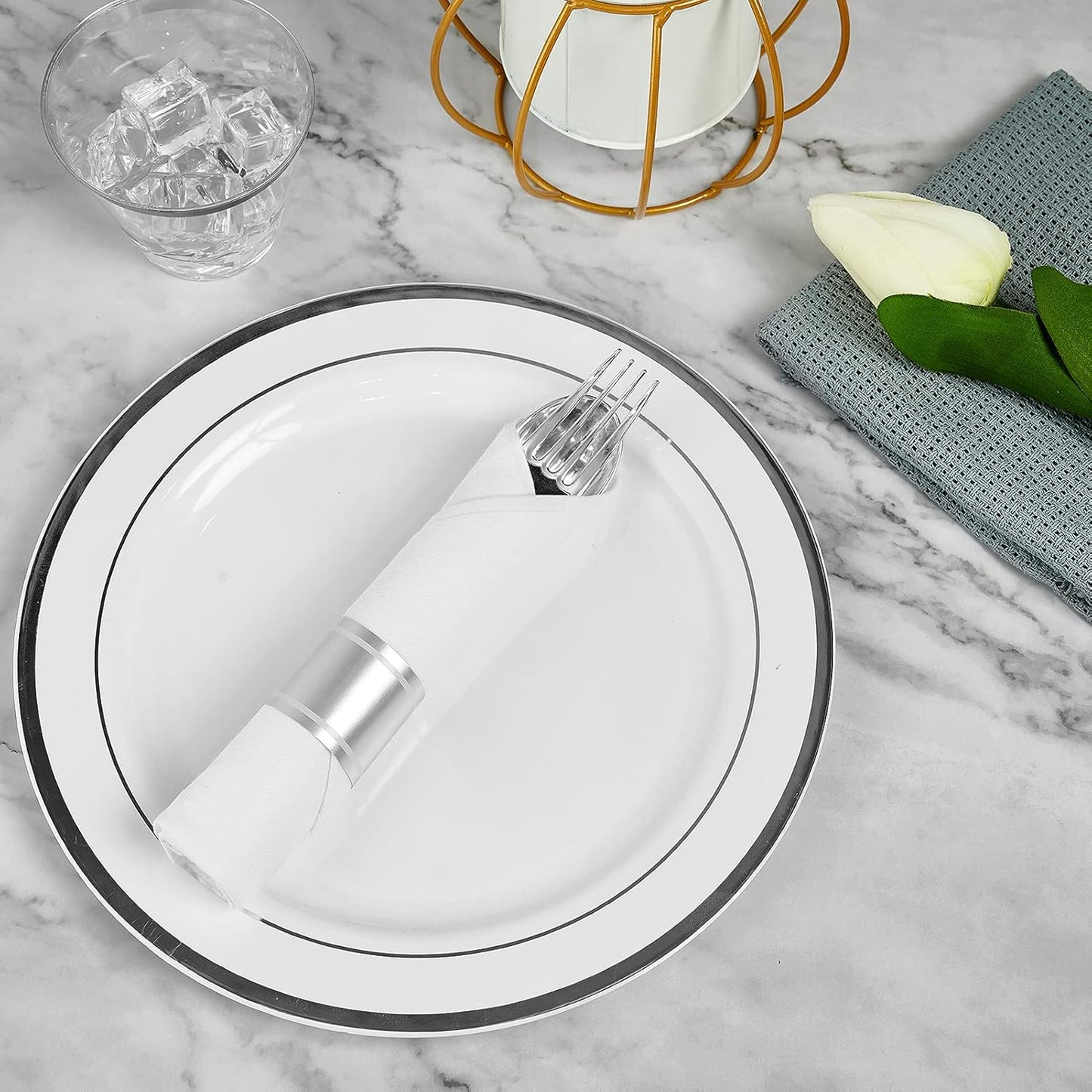 30 Pack Pre Rolled Silver Plastic Silverware, Disposable Cutlery Set- 30 Forks, 30 Spoons, 30 Knives, 30 Napkins, Disposable Heavy Duty Silverware Set for Dinner, Party, Wedding