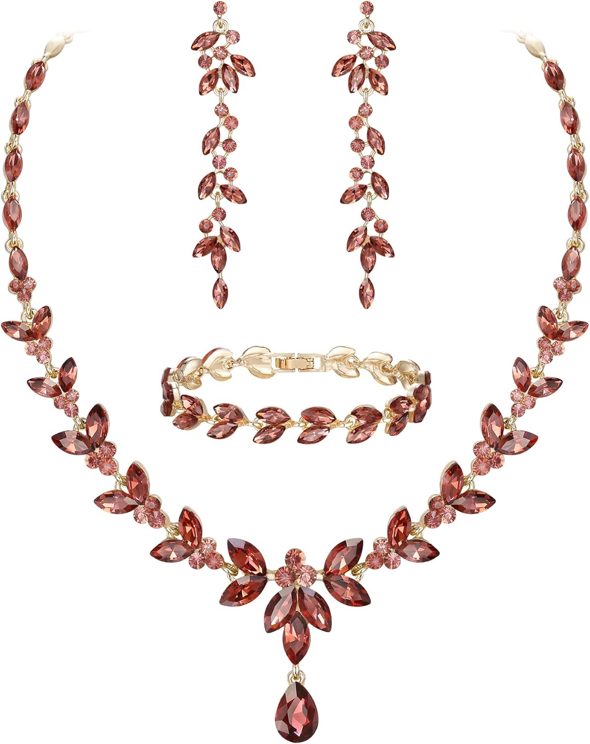 EVER FAITH Austrian Crystal Bridal Bridesmaid Jewelry Sets, Elegant Marquise Rhinestone Leaf Necklace Dangle Earrings Tennis Bracelet Set for Women