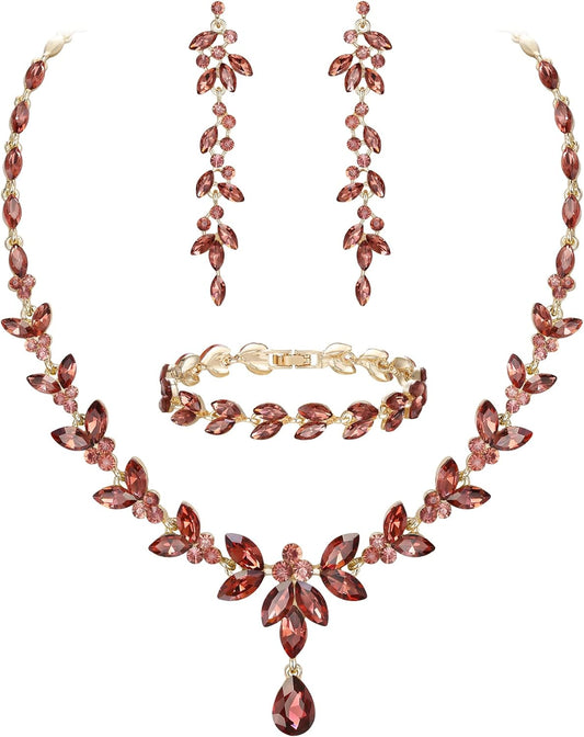 EVER FAITH Austrian Crystal Bridal Bridesmaid Jewelry Sets, Elegant Marquise Rhinestone Leaf Necklace Dangle Earrings Tennis Bracelet Set for Women