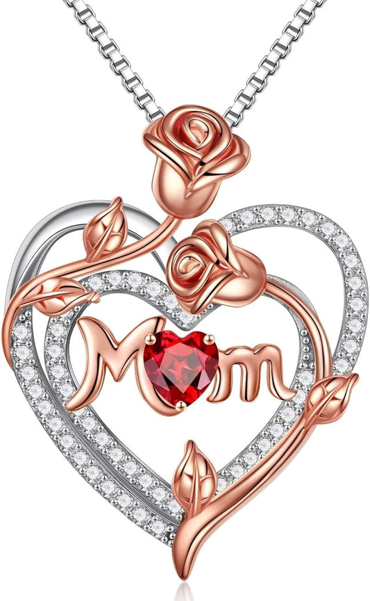 Iefil Christmas Gifts for Mom- 925 Sterling Silver Necklace, Rose Heart Birthstone Necklace, Stocking Stuffers for New/Step/Bonus Mom/Mother in Law