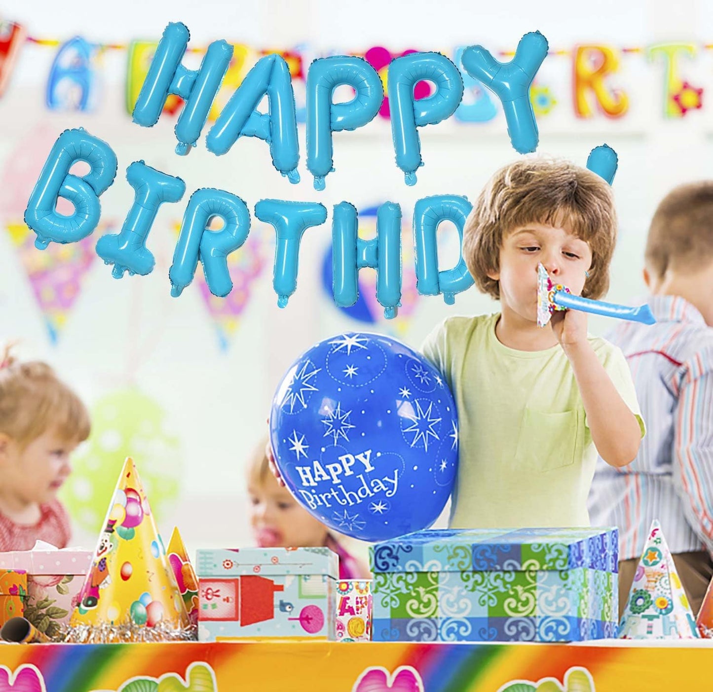 KALOR Light Blue Happy Birthday Balloons Banner, 16 Inch Mylar Foil Letters Balloon Sign for Women, Men, Boys & Girls Kids Birthday Decorations Photo Backdrop