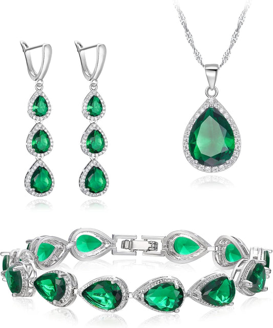 EleQueen Water Drop Pendant Necklace Long Dangle Earrings Tennis Bracelet Set, Sparkle Cubic Zirconia Teardrop Wedding Jewelry Sets for Bride Bridesmaid